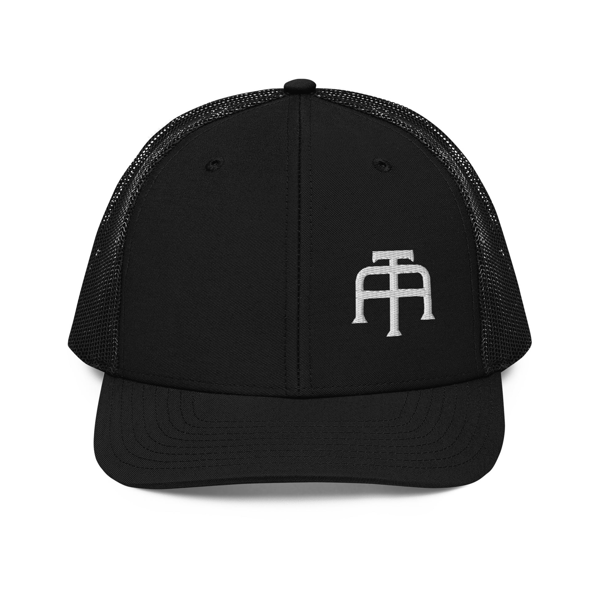 An Athlete Trains structured 6-panel, mid-profile trucker cap is 60% cotton, 40% polyester, 100% polyester mesh back. Pre-curved contrast stitched visor, underbill matches visor color and adjustable plastic snapback