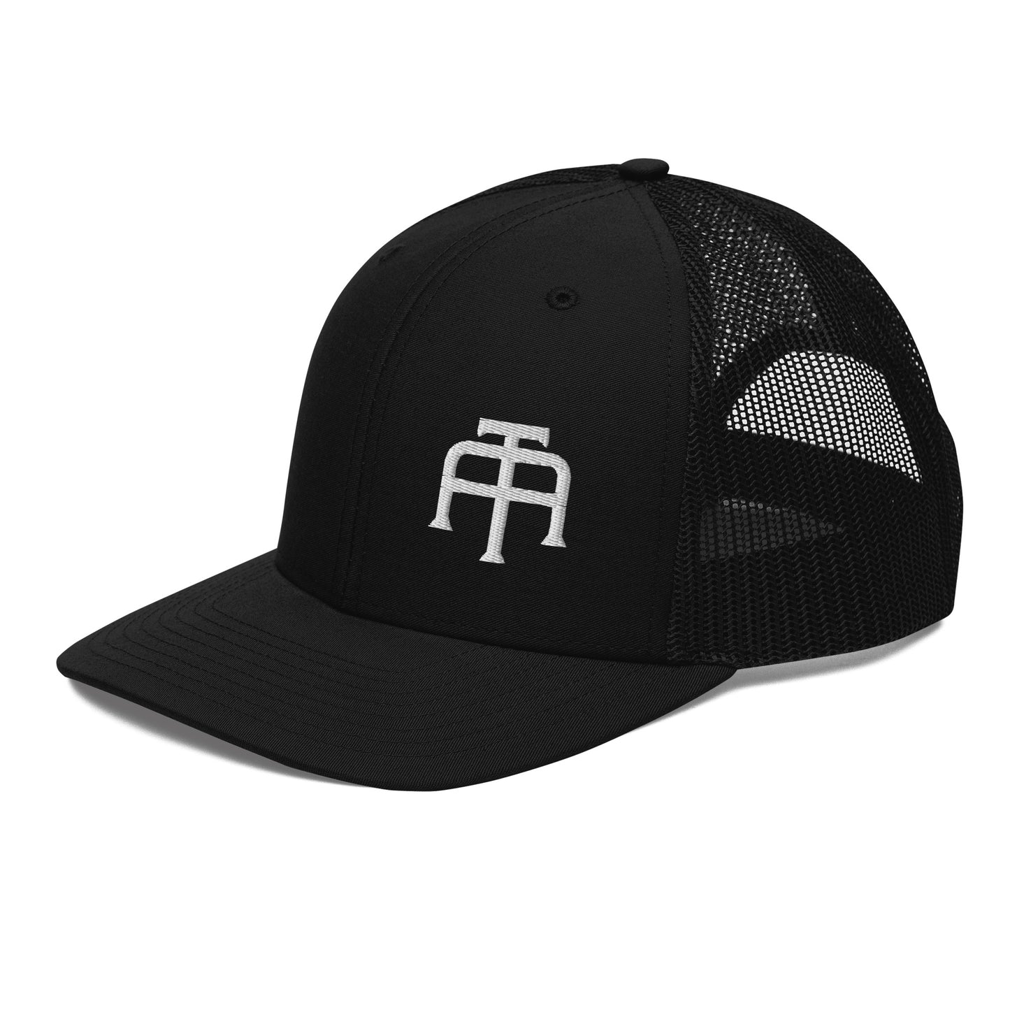 An Athlete Trains structured 6-panel, mid-profile trucker cap is 60% cotton, 40% polyester, 100% polyester mesh back. Pre-curved contrast stitched visor, underbill matches visor color and adjustable plastic snapback