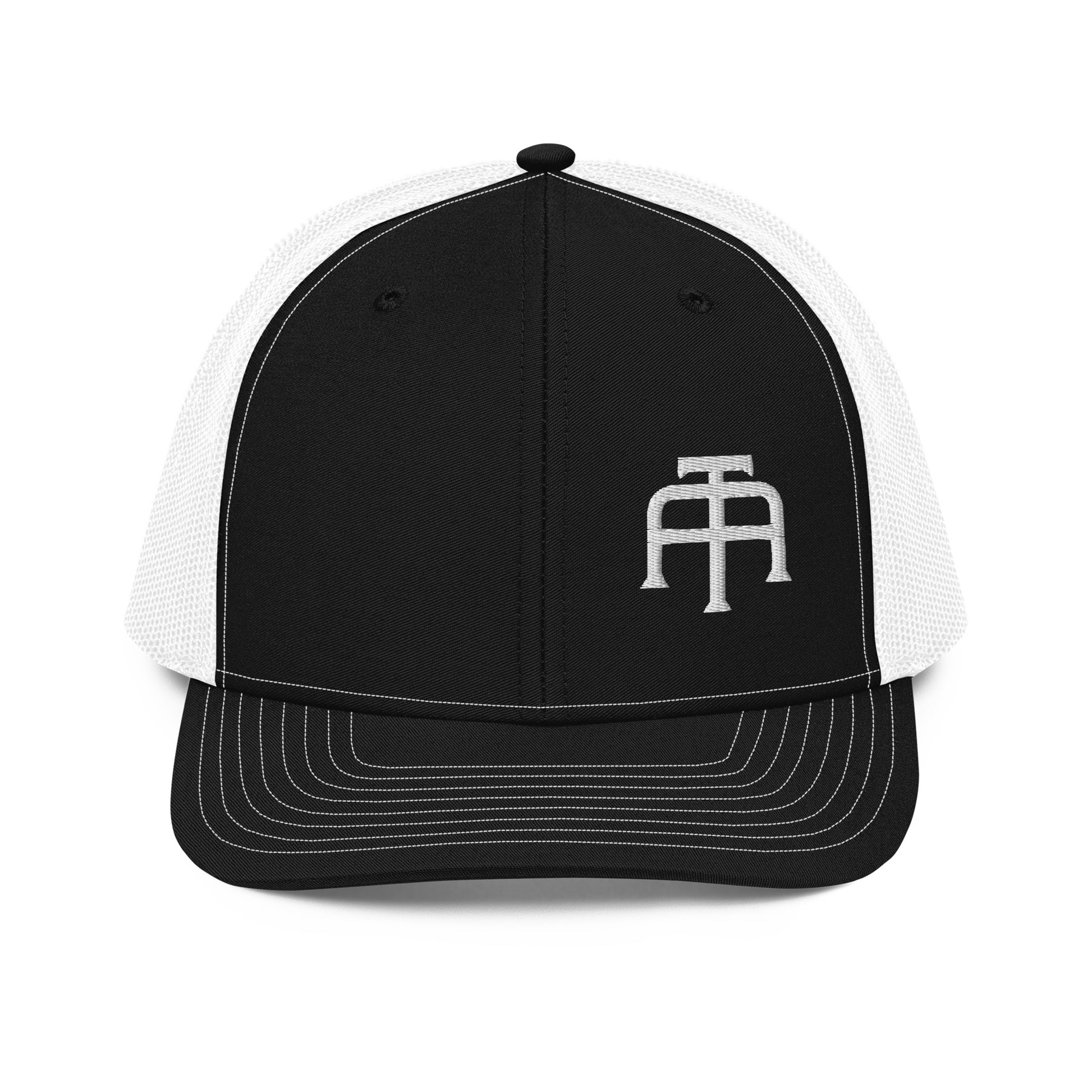 An Athlete Trains structured 6-panel, mid-profile trucker cap is 60% cotton, 40% polyester, 100% polyester mesh back. Pre-curved contrast stitched visor, underbill matches visor color and adjustable plastic snapback