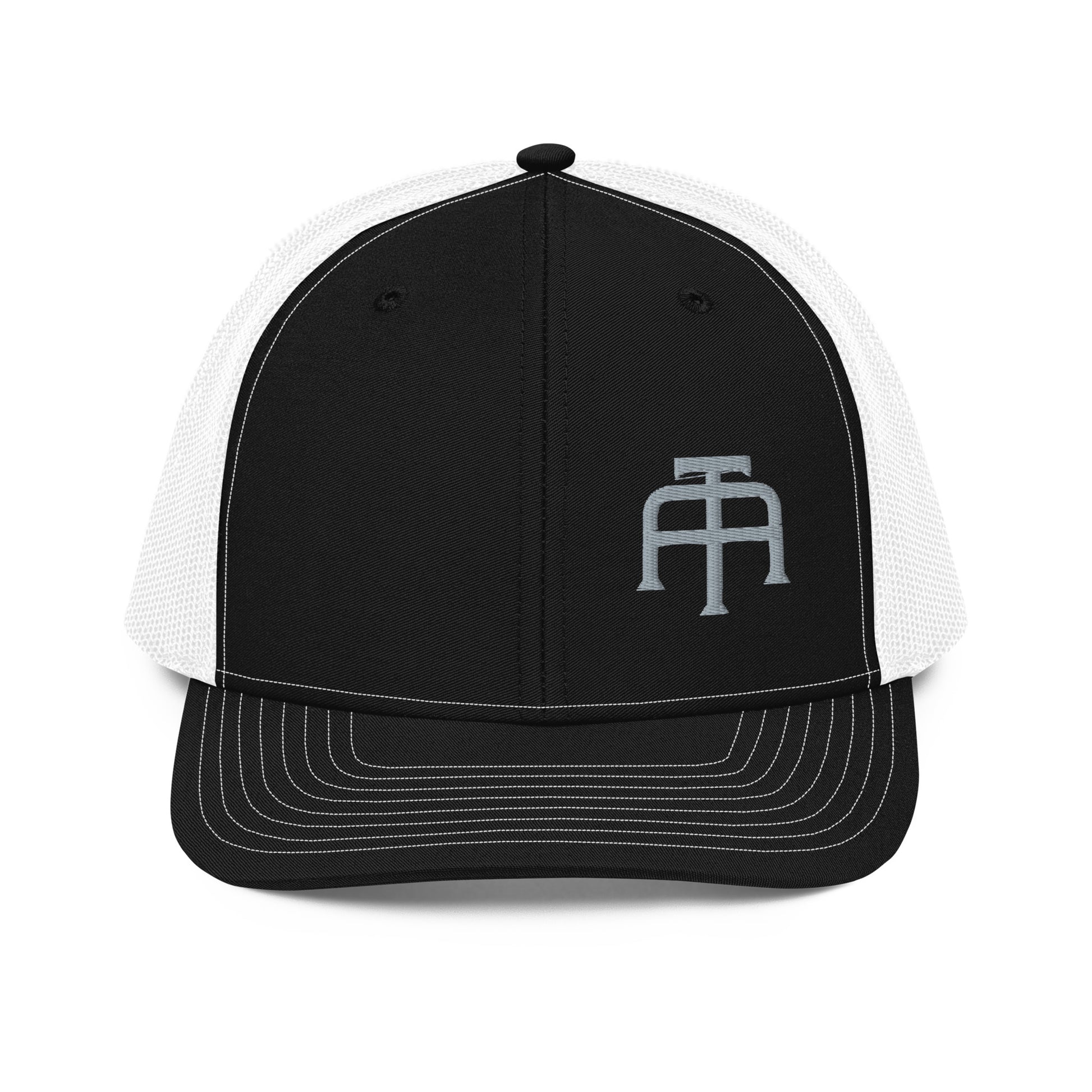 An Athlete Trains structured 6-panel, mid-profile trucker cap is 60% cotton, 40% polyester, 100% polyester mesh back. Pre-curved contrast stitched visor, underbill matches visor color and adjustable plastic snapback