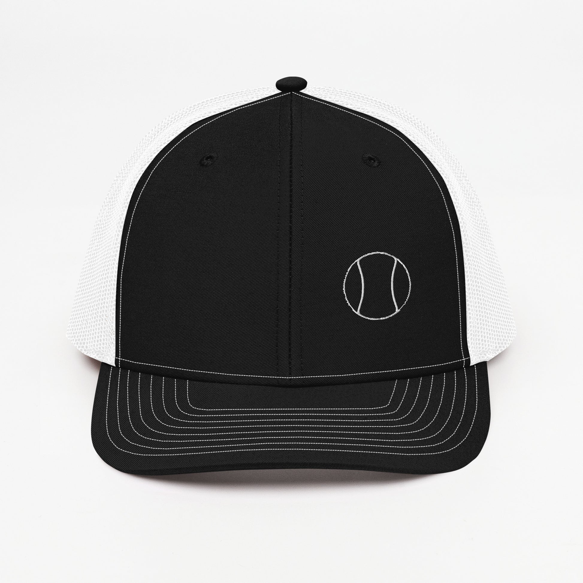 Tennis Edition trucker cap in black and white with structured front and breathable mesh back — Our Game collection by An Athlete Trains