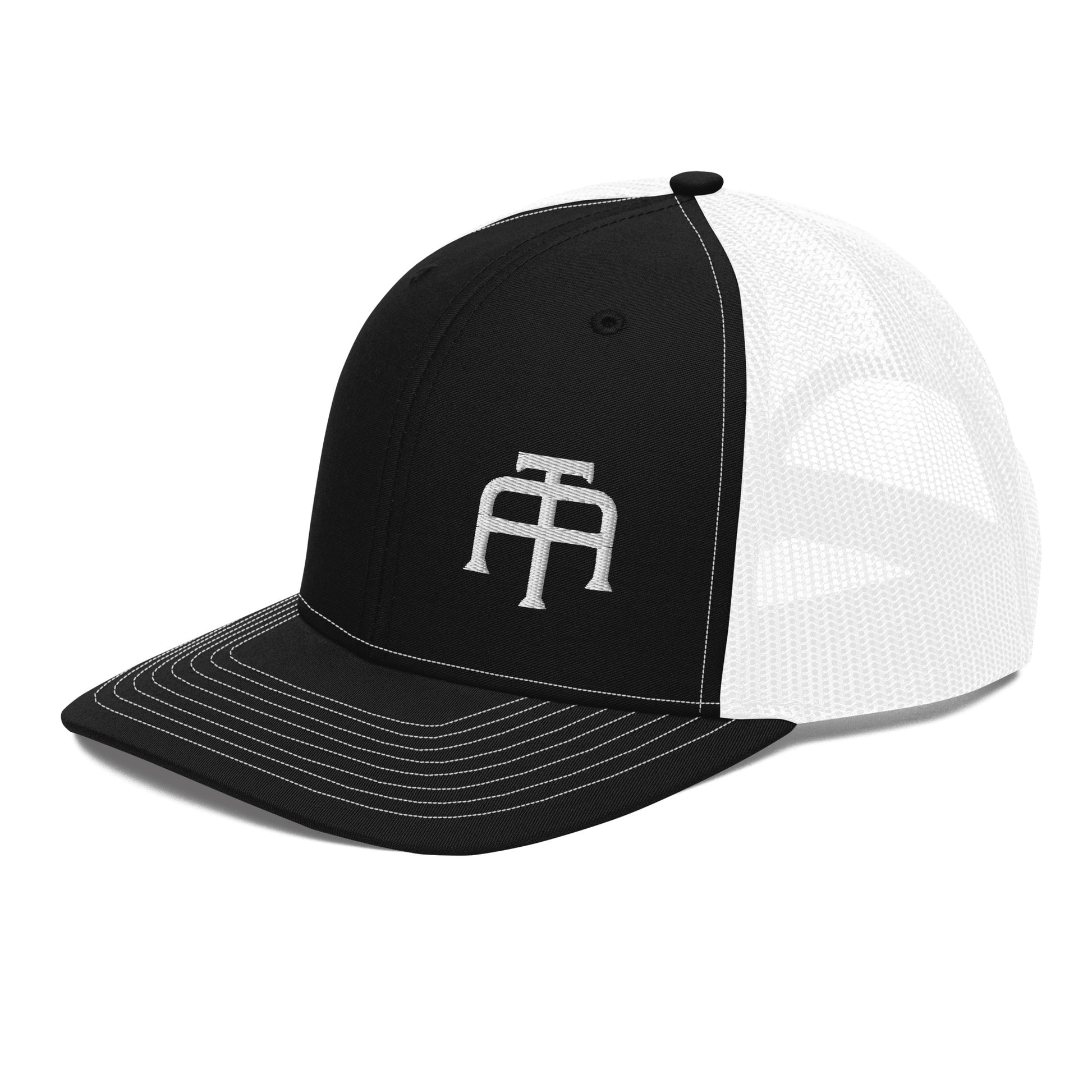 An Athlete Trains structured 6-panel, mid-profile trucker cap is 60% cotton, 40% polyester, 100% polyester mesh back. Pre-curved contrast stitched visor, underbill matches visor color and adjustable plastic snapback