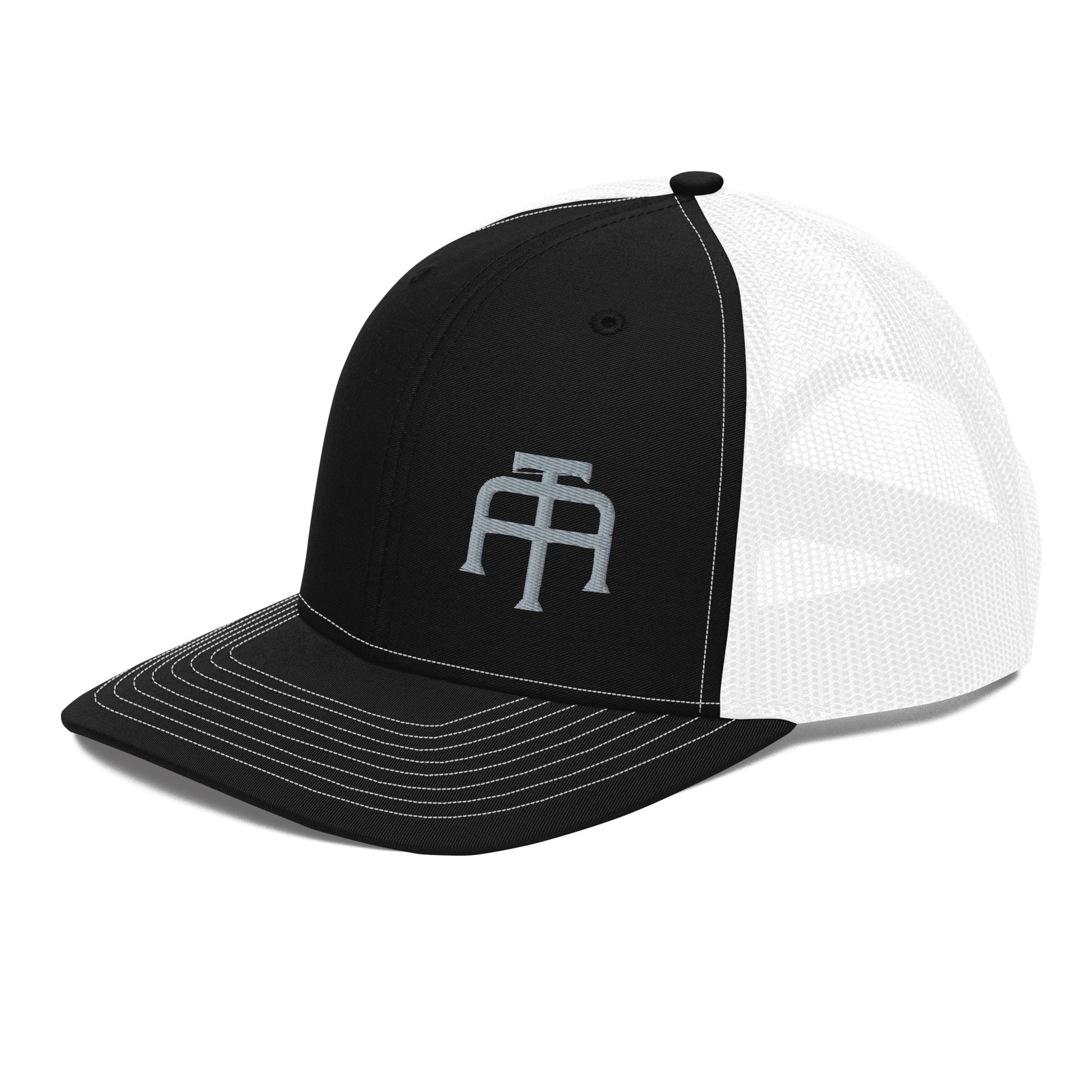 An Athlete Trains structured 6-panel, mid-profile trucker cap is 60% cotton, 40% polyester, 100% polyester mesh back. Pre-curved contrast stitched visor, underbill matches visor color and adjustable plastic snapback