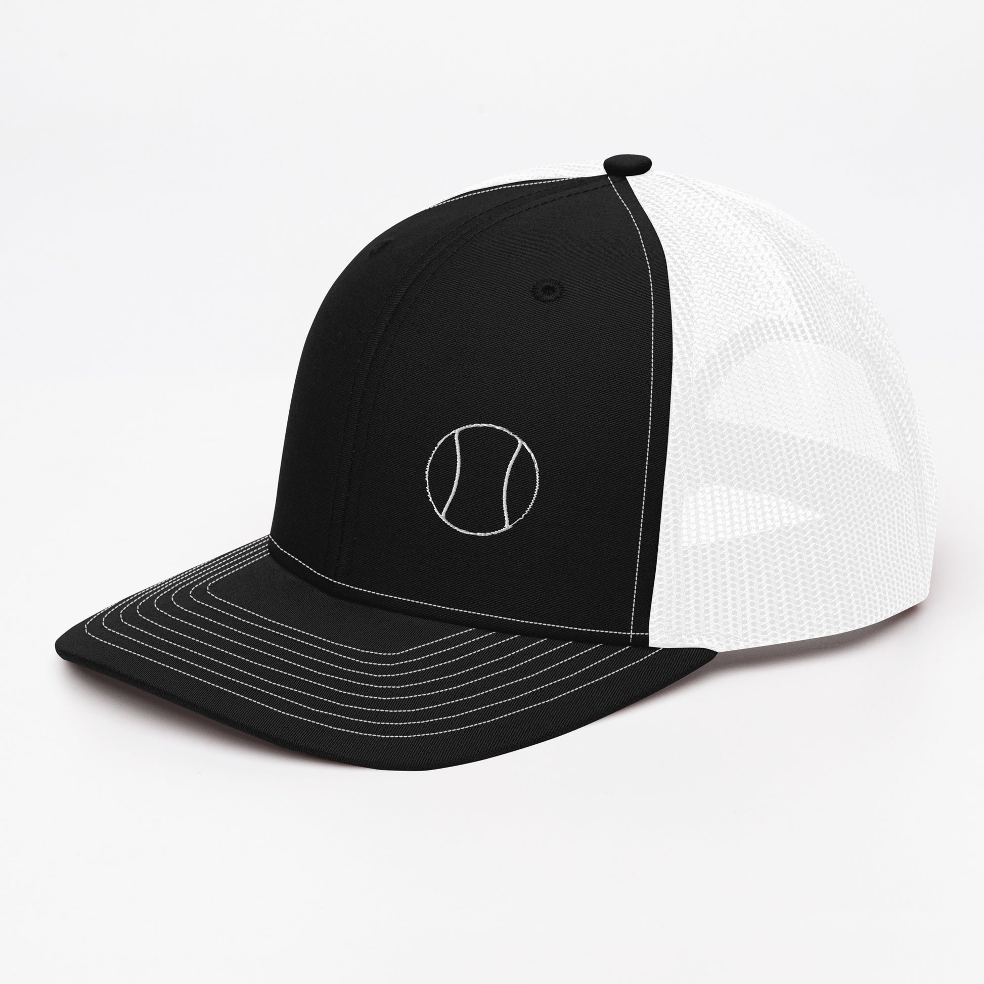 Tennis Edition trucker cap in black and white with structured front and breathable mesh back — Our Game collection by An Athlete Trains