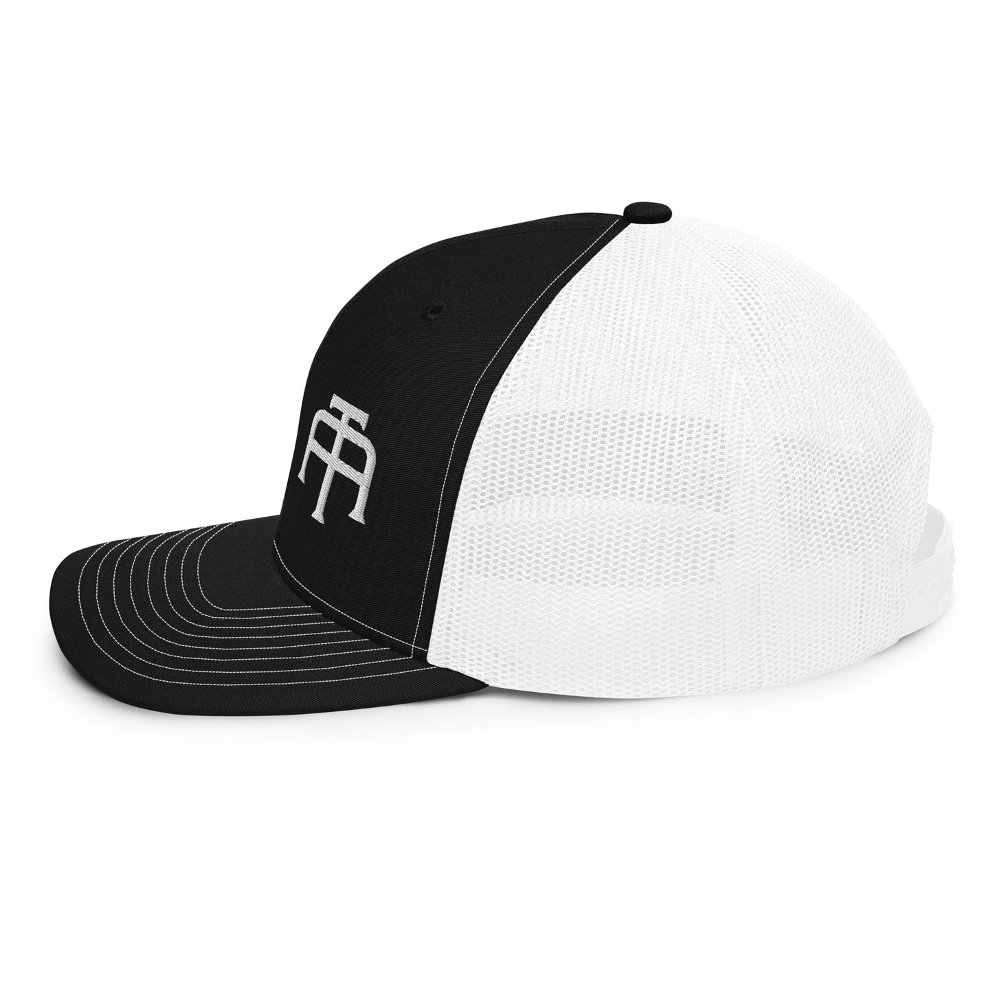 An Athlete Trains structured 6-panel, mid-profile trucker cap is 60% cotton, 40% polyester, 100% polyester mesh back. Pre-curved contrast stitched visor, underbill matches visor color and adjustable plastic snapback