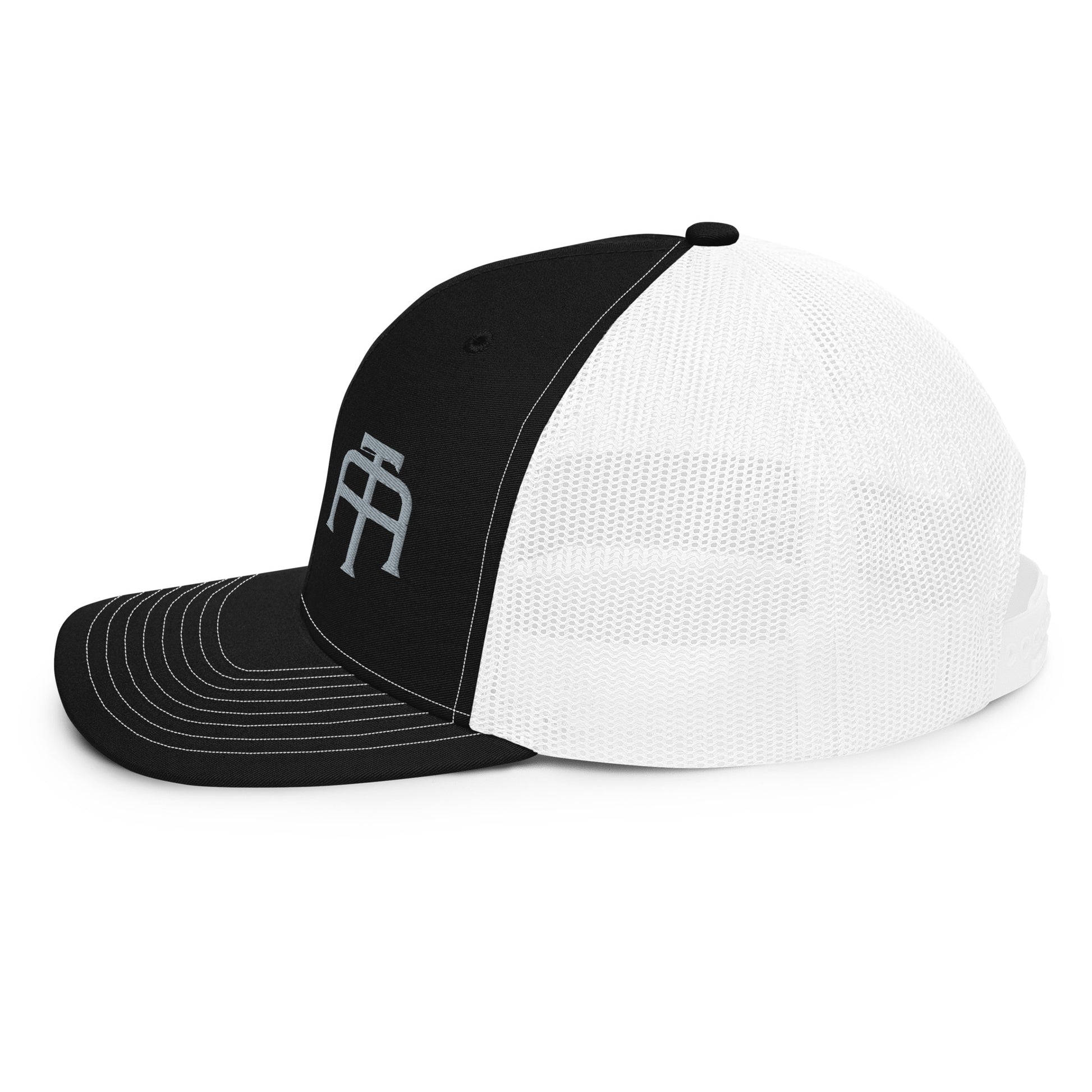 An Athlete Trains structured 6-panel, mid-profile trucker cap is 60% cotton, 40% polyester, 100% polyester mesh back. Pre-curved contrast stitched visor, underbill matches visor color and adjustable plastic snapback