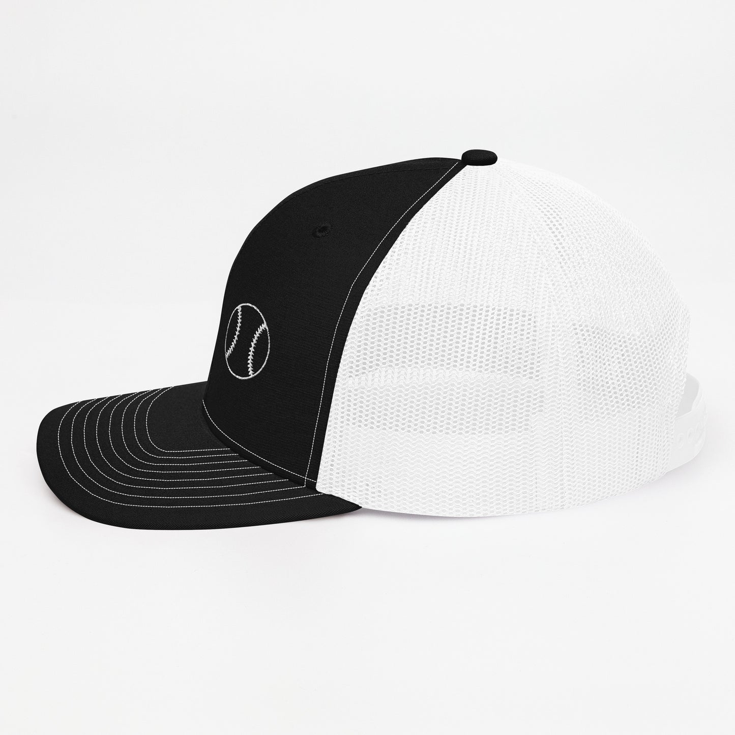 Baseball Edition trucker cap in black and white with breathable mesh back and structured mid-profile front | Our Game | An Athlete Trains