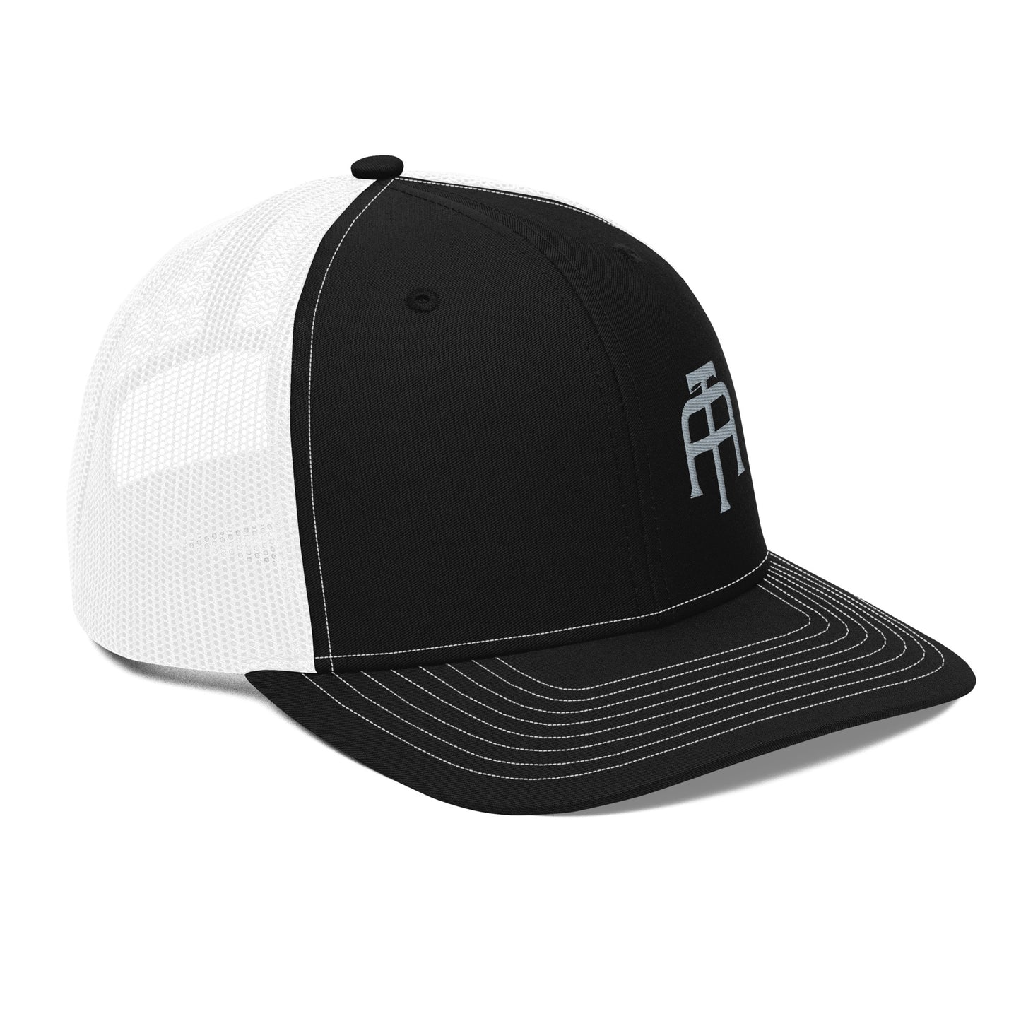 An Athlete Trains structured 6-panel, mid-profile trucker cap is 60% cotton, 40% polyester, 100% polyester mesh back. Pre-curved contrast stitched visor, underbill matches visor color and adjustable plastic snapback