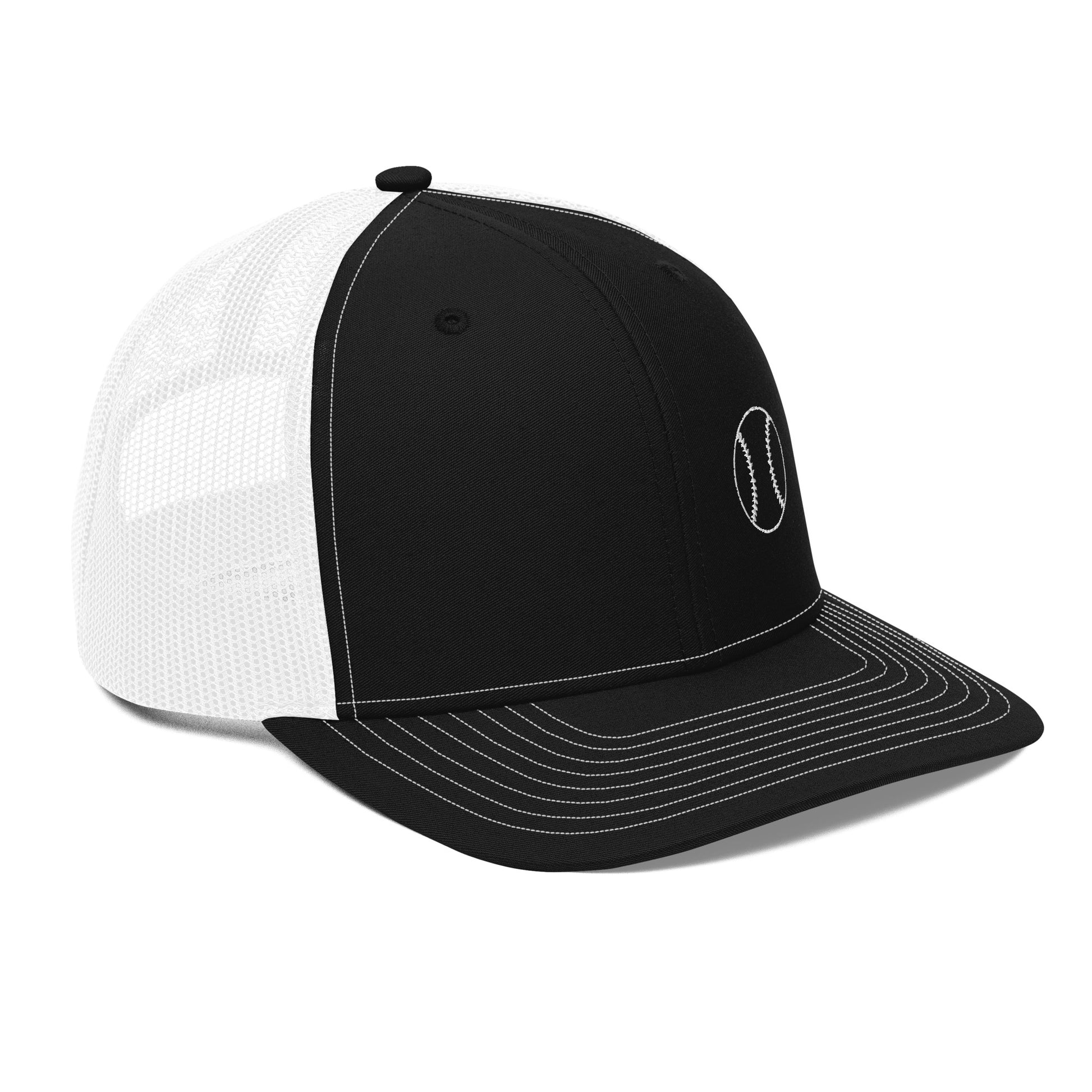 Baseball Edition trucker cap in black and white with breathable mesh back and structured mid-profile front | Our Game | An Athlete Trains