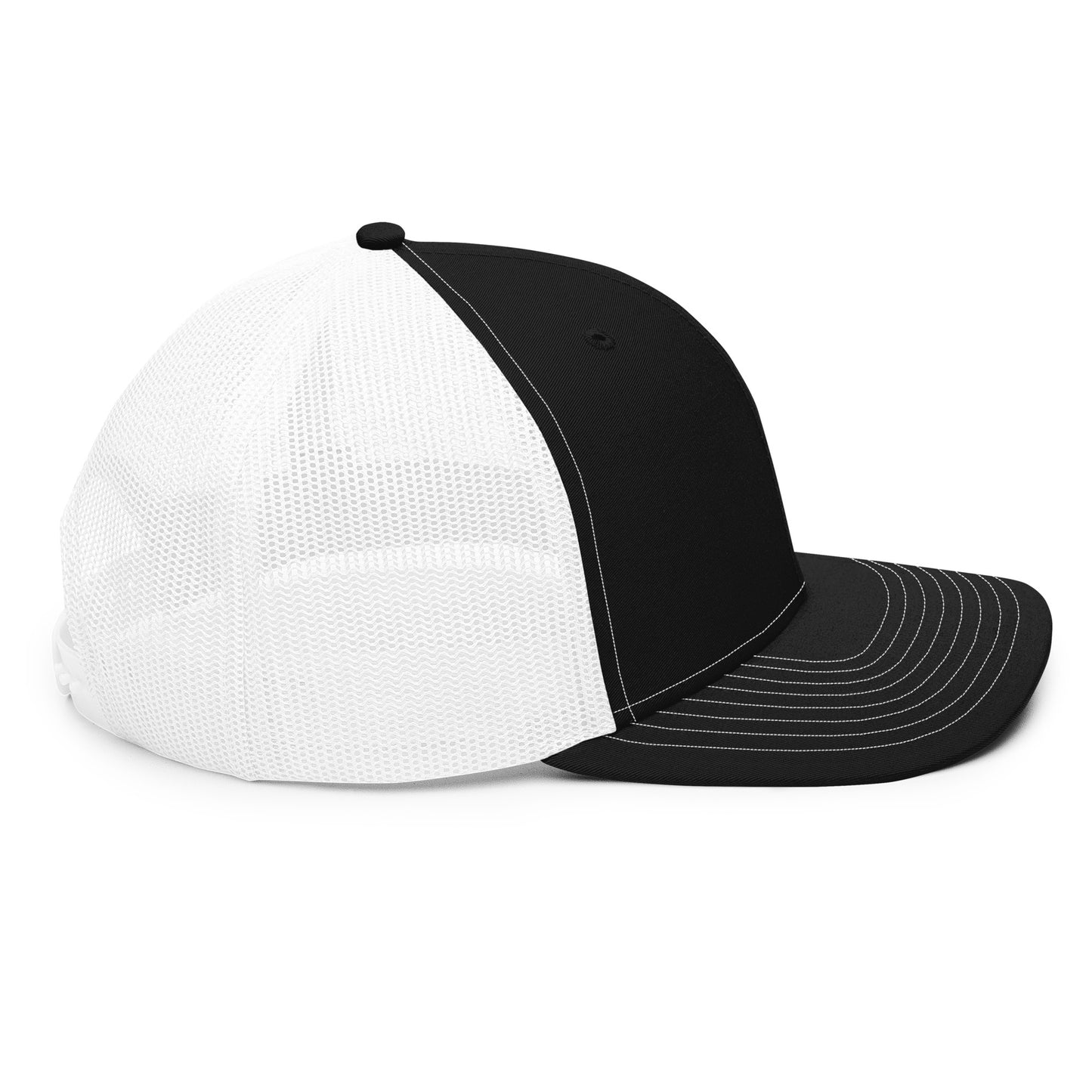 An Athlete Trains structured 6-panel, mid-profile trucker cap is 60% cotton, 40% polyester, 100% polyester mesh back. Pre-curved contrast stitched visor, underbill matches visor color and adjustable plastic snapback