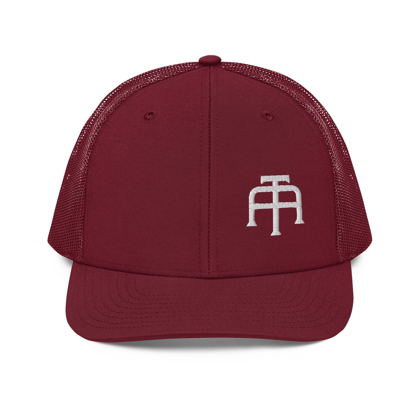 An Athlete Trains structured 6-panel, mid-profile trucker cap is 60% cotton, 40% polyester, 100% polyester mesh back. Pre-curved contrast stitched visor, underbill matches visor color and adjustable plastic snapback