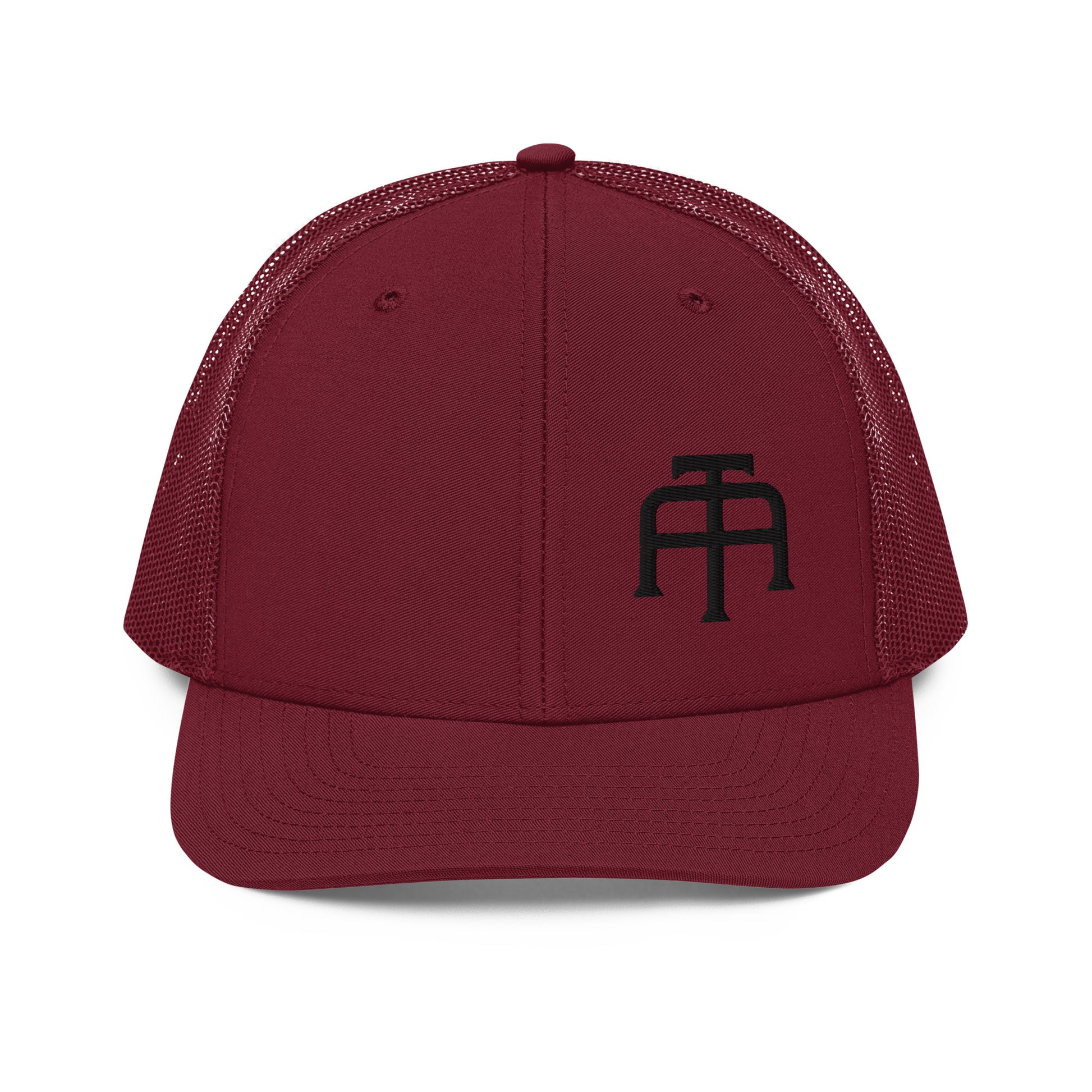 An Athlete Trains structured 6-panel, mid-profile trucker cap is 60% cotton, 40% polyester, 100% polyester mesh back. Pre-curved contrast stitched visor, underbill matches visor color and adjustable plastic snapback