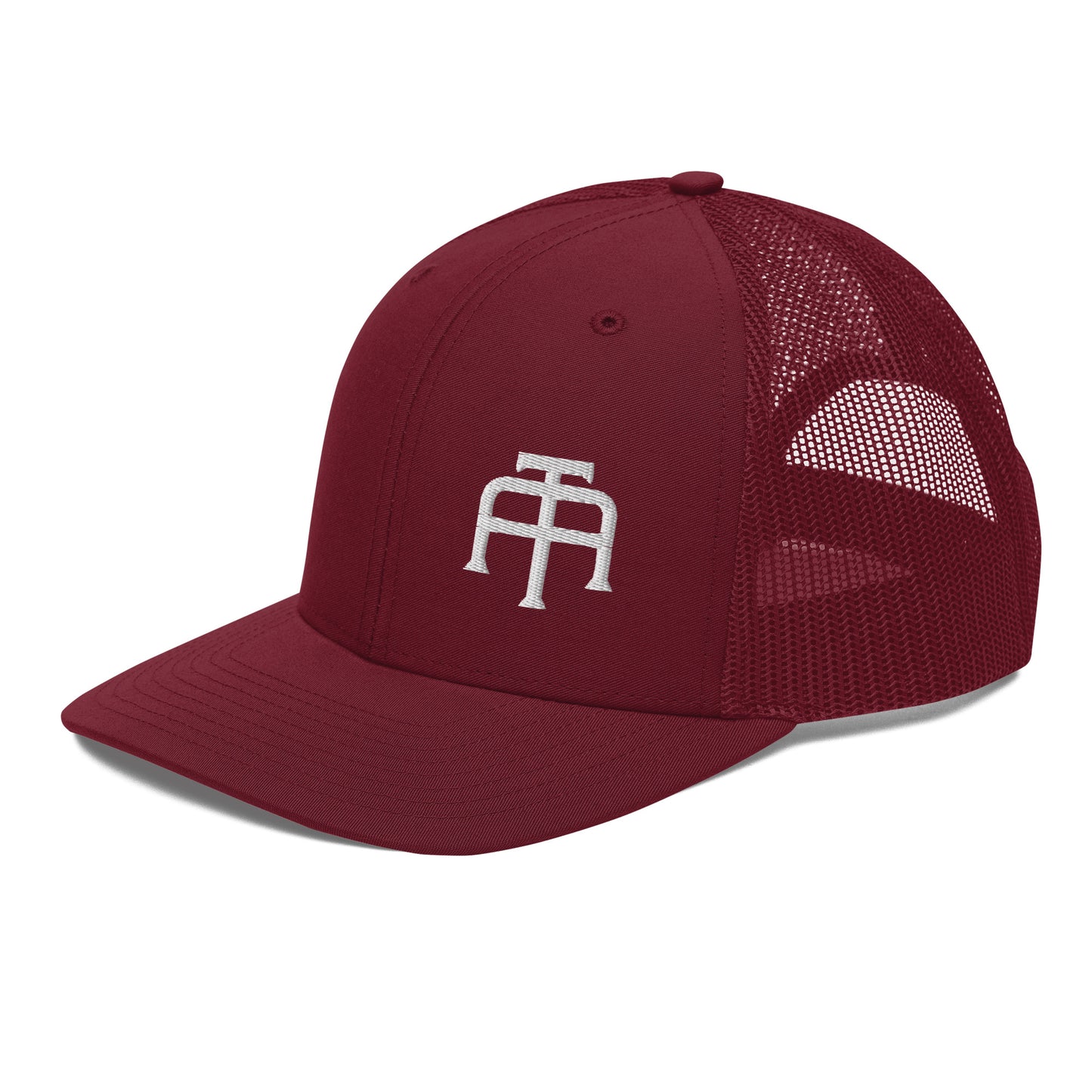 An Athlete Trains structured 6-panel, mid-profile trucker cap is 60% cotton, 40% polyester, 100% polyester mesh back. Pre-curved contrast stitched visor, underbill matches visor color and adjustable plastic snapback