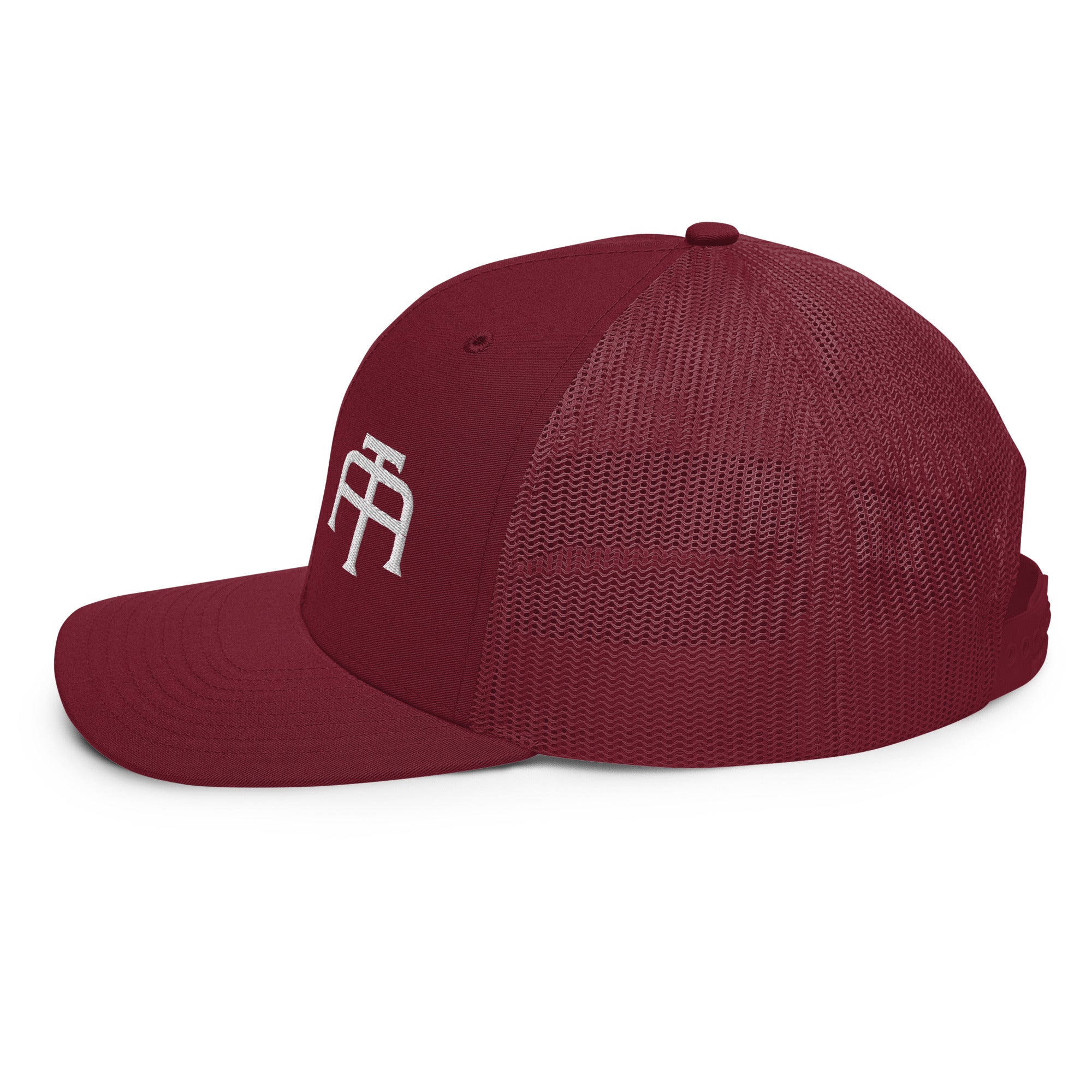 An Athlete Trains structured 6-panel, mid-profile trucker cap is 60% cotton, 40% polyester, 100% polyester mesh back. Pre-curved contrast stitched visor, underbill matches visor color and adjustable plastic snapback