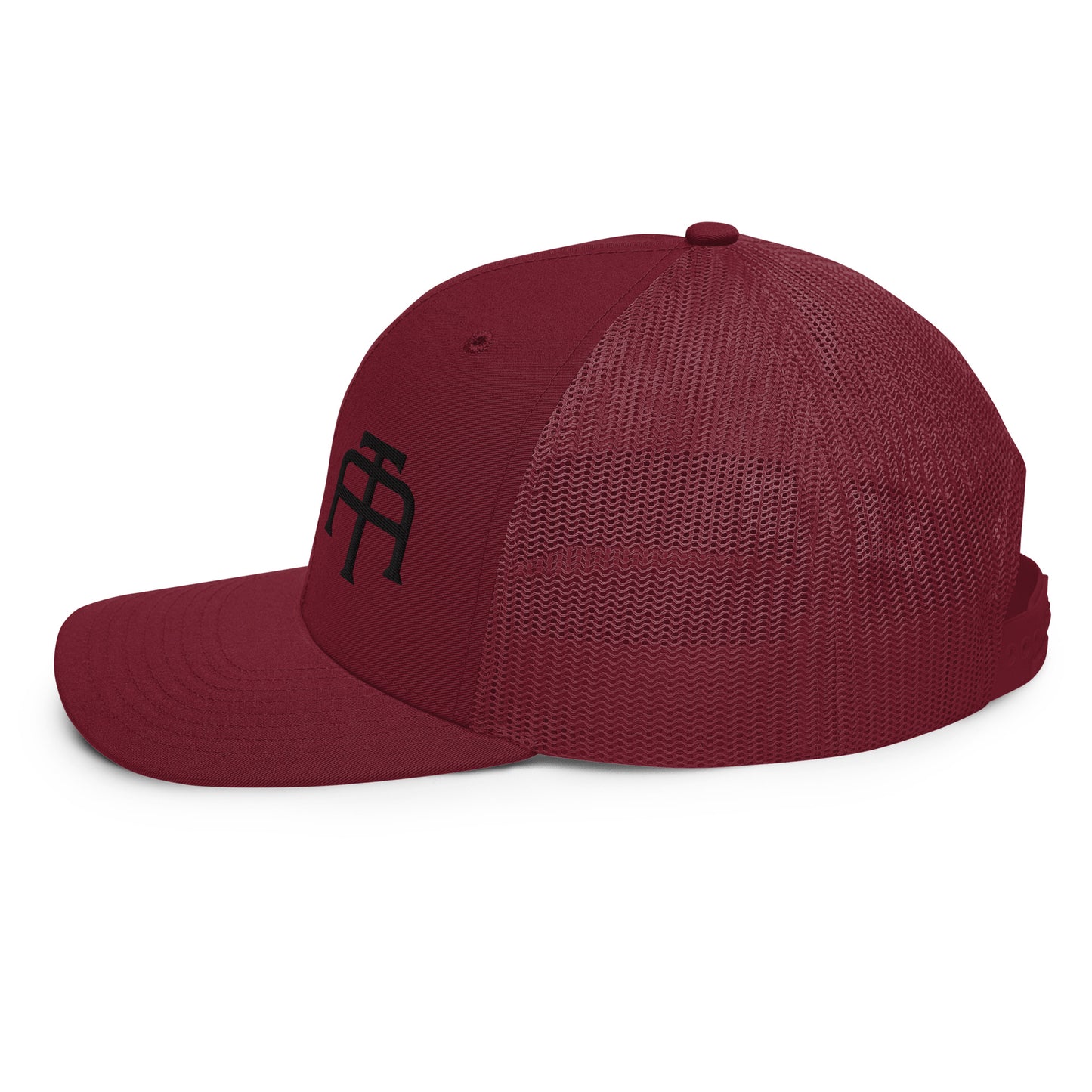 An Athlete Trains structured 6-panel, mid-profile trucker cap is 60% cotton, 40% polyester, 100% polyester mesh back. Pre-curved contrast stitched visor, underbill matches visor color and adjustable plastic snapback