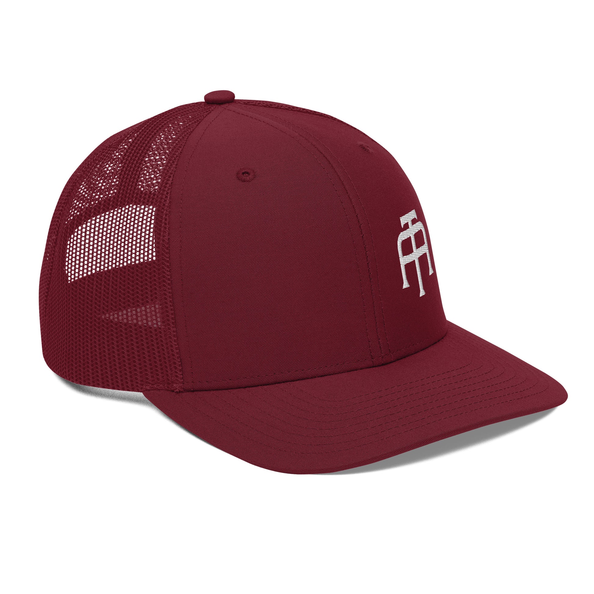 An Athlete Trains structured 6-panel, mid-profile trucker cap is 60% cotton, 40% polyester, 100% polyester mesh back. Pre-curved contrast stitched visor, underbill matches visor color and adjustable plastic snapback