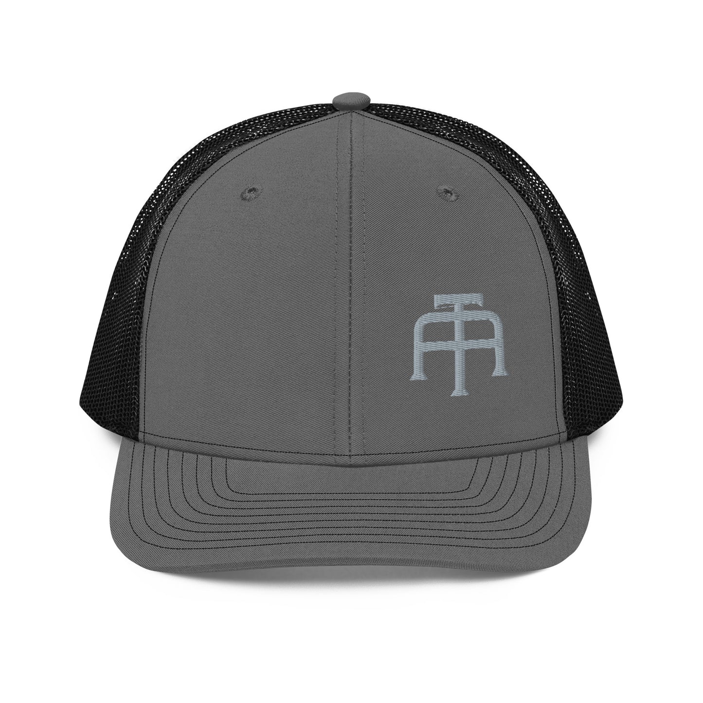 An Athlete Trains structured 6-panel, mid-profile trucker cap is 60% cotton, 40% polyester, 100% polyester mesh back. Pre-curved contrast stitched visor, underbill matches visor color and adjustable plastic snapback