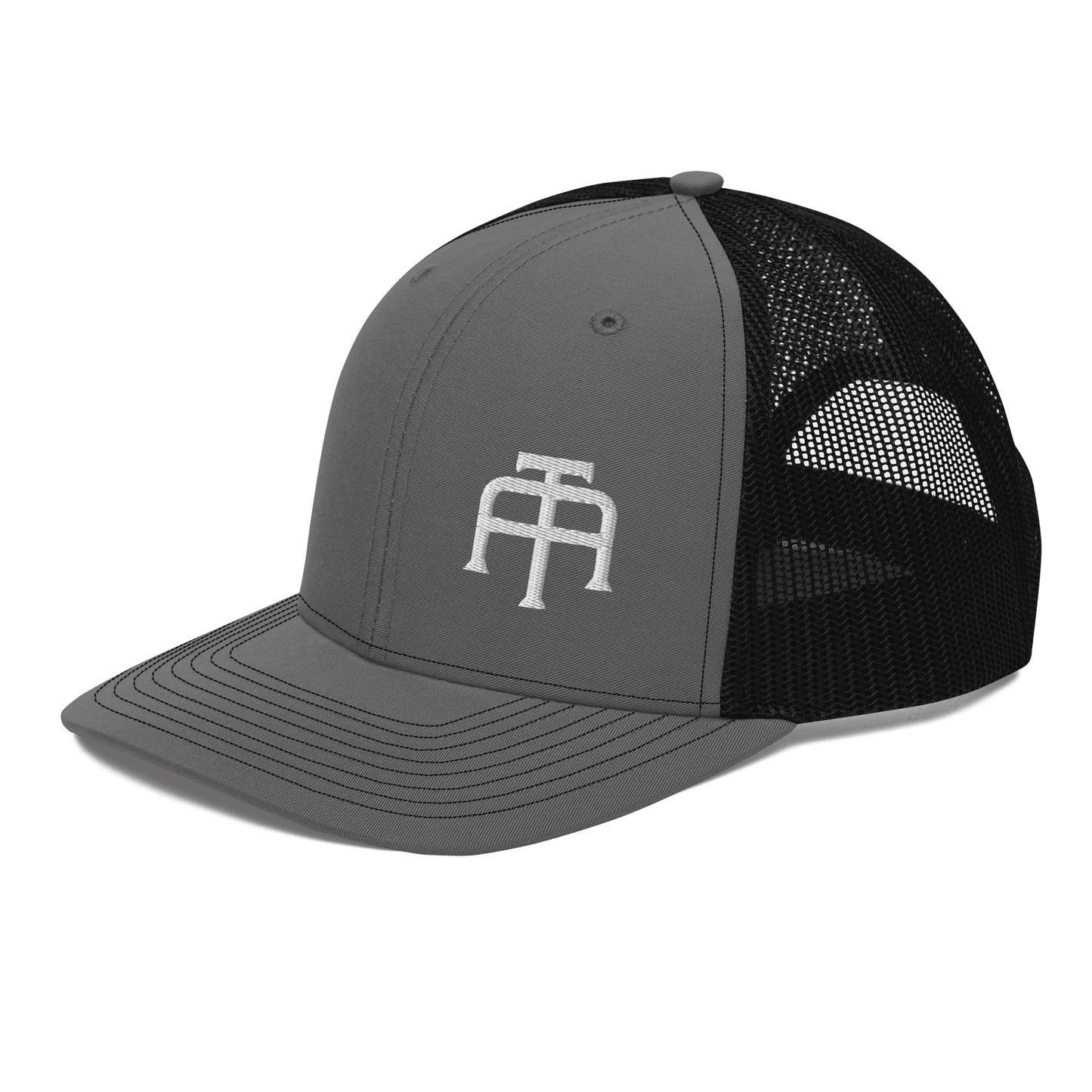 An Athlete Trains structured 6-panel, mid-profile trucker cap is 60% cotton, 40% polyester, 100% polyester mesh back. Pre-curved contrast stitched visor, underbill matches visor color and adjustable plastic snapback