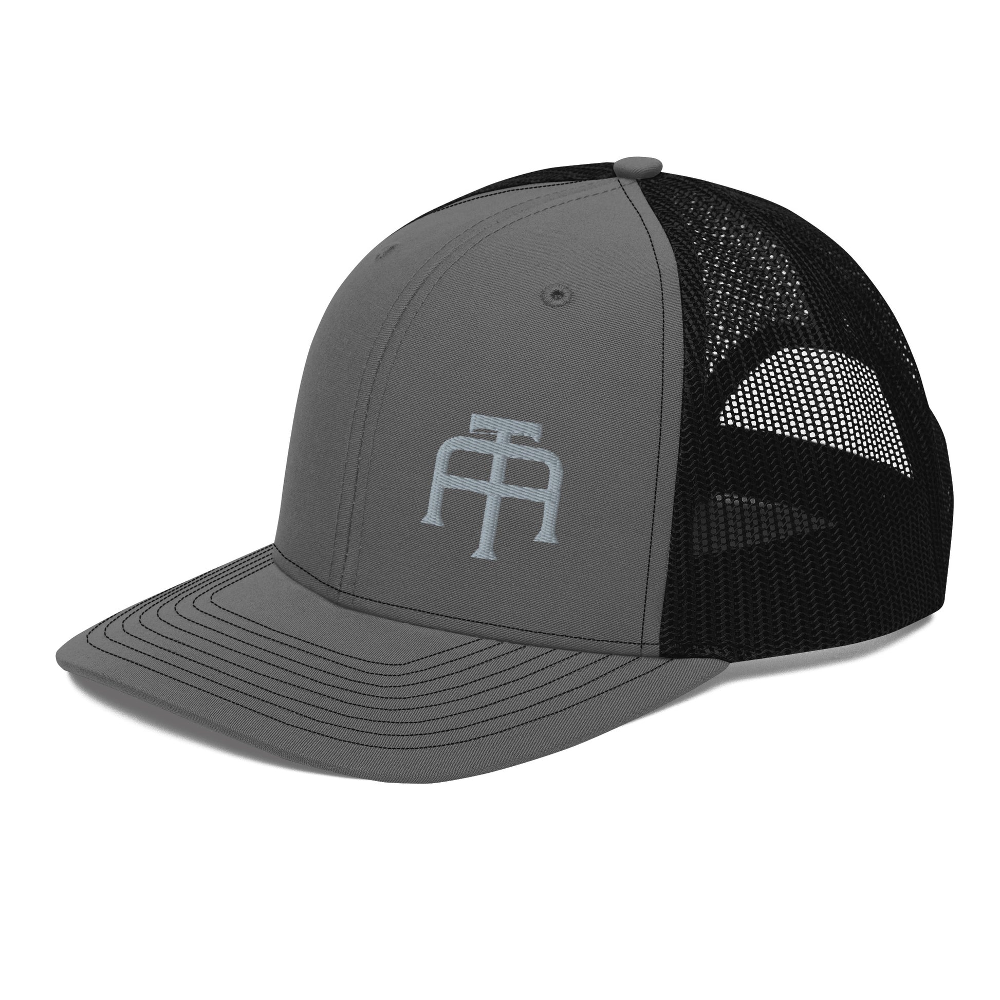 An Athlete Trains structured 6-panel, mid-profile trucker cap is 60% cotton, 40% polyester, 100% polyester mesh back. Pre-curved contrast stitched visor, underbill matches visor color and adjustable plastic snapback