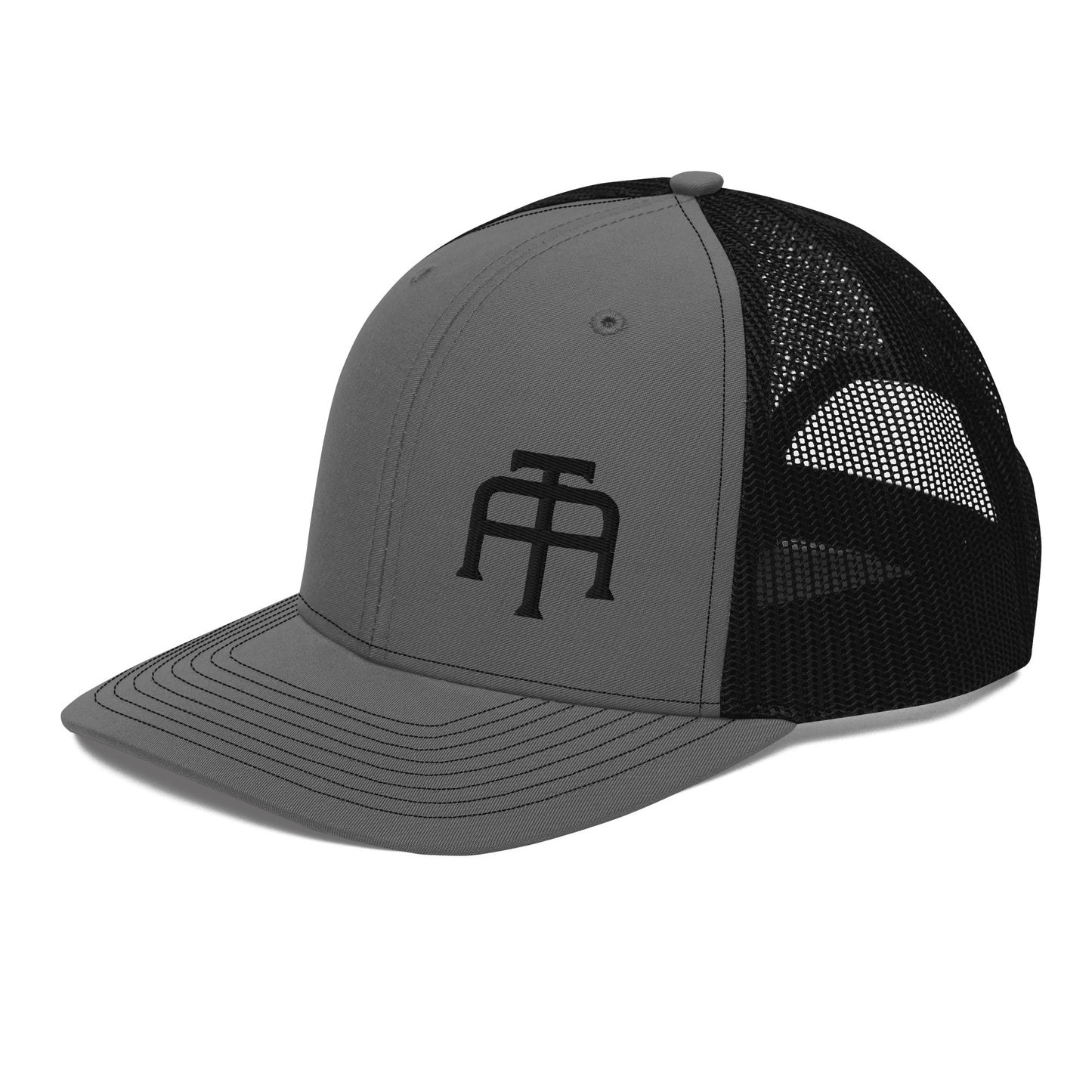 An Athlete Trains structured 6-panel, mid-profile trucker cap is 60% cotton, 40% polyester, 100% polyester mesh back. Pre-curved contrast stitched visor, underbill matches visor color and adjustable plastic snapback