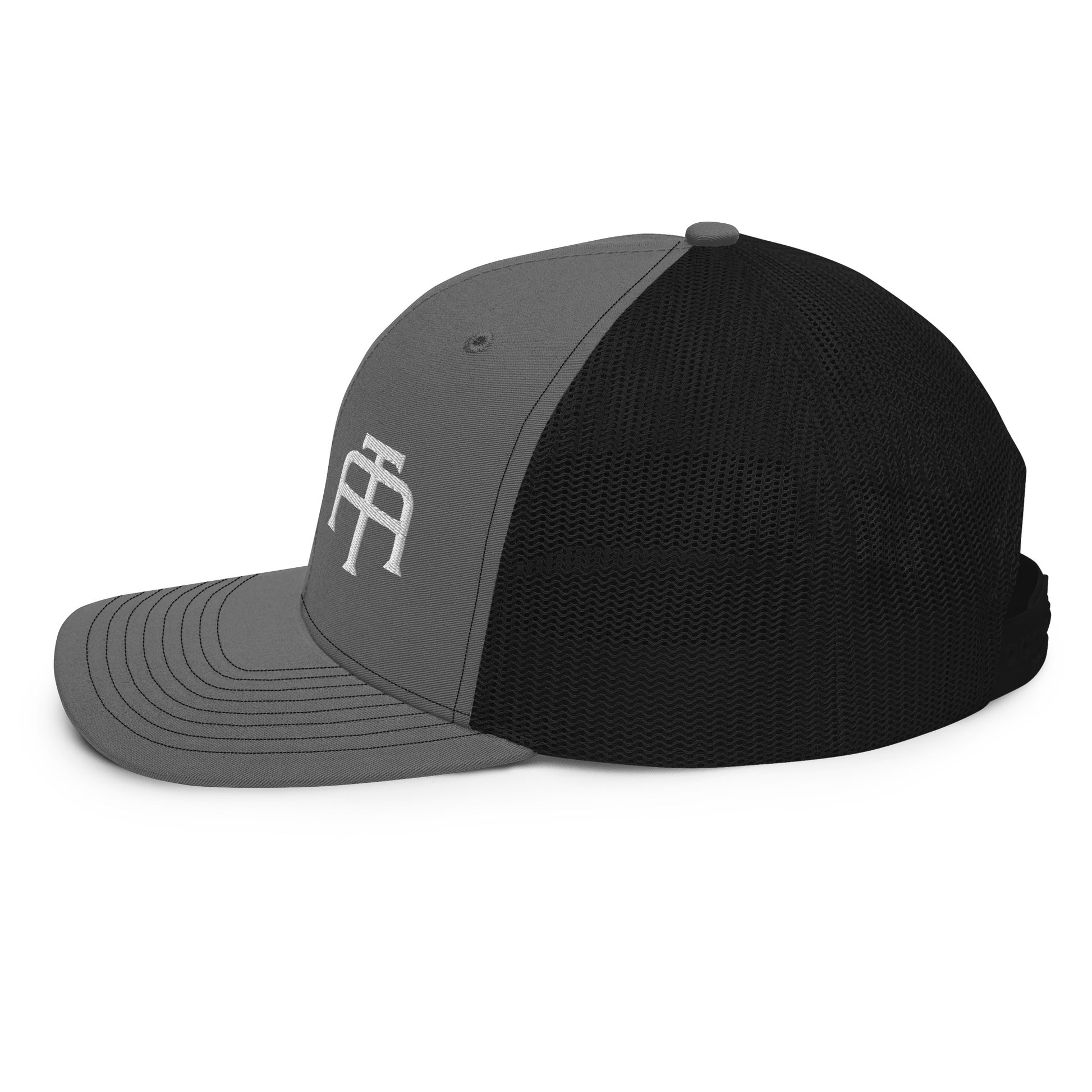 An Athlete Trains structured 6-panel, mid-profile trucker cap is 60% cotton, 40% polyester, 100% polyester mesh back. Pre-curved contrast stitched visor, underbill matches visor color and adjustable plastic snapback