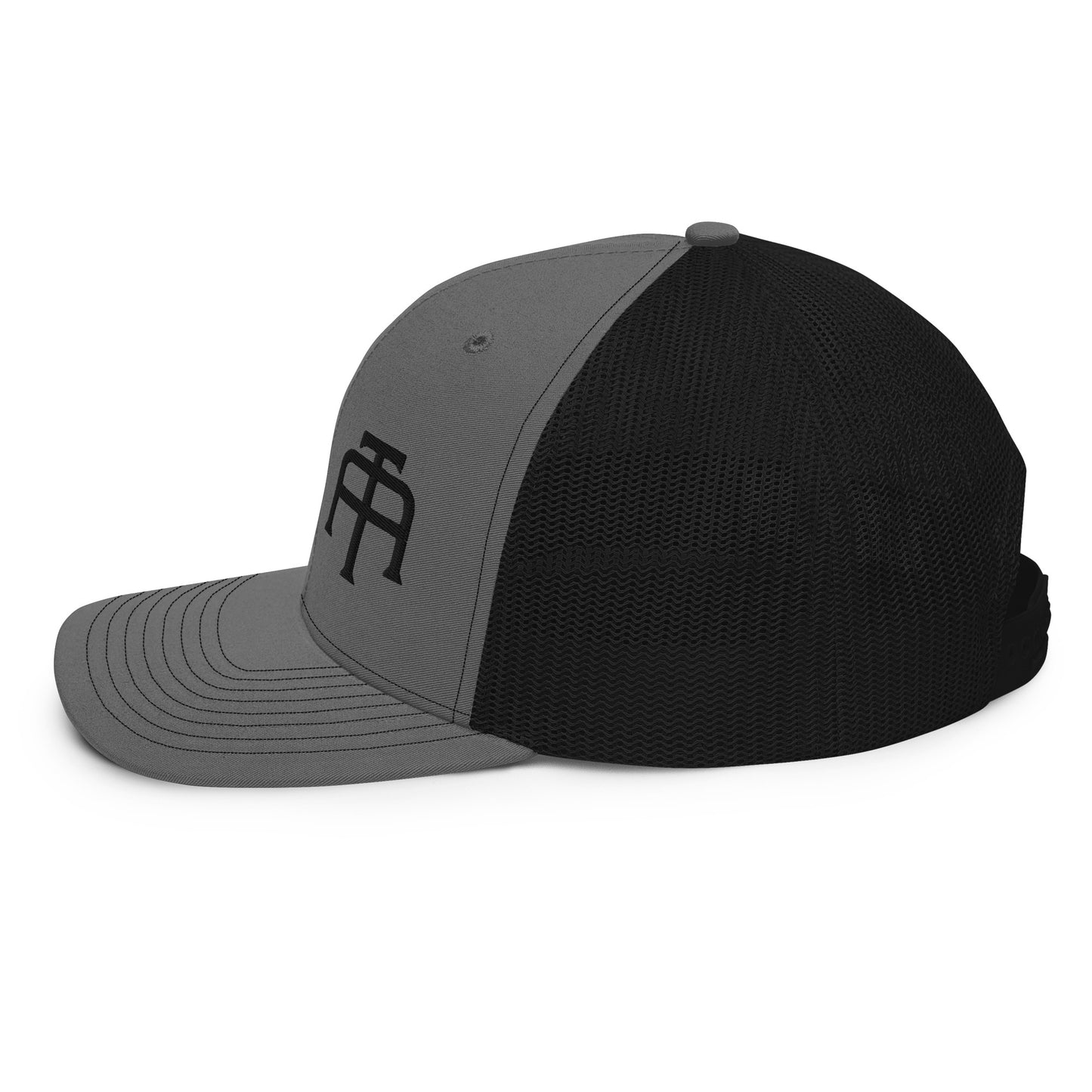 An Athlete Trains structured 6-panel, mid-profile trucker cap is 60% cotton, 40% polyester, 100% polyester mesh back. Pre-curved contrast stitched visor, underbill matches visor color and adjustable plastic snapback