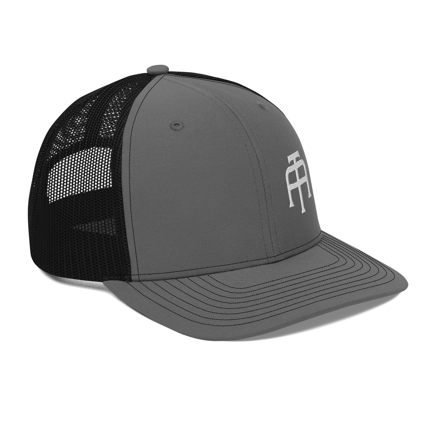 An Athlete Trains structured 6-panel, mid-profile trucker cap is 60% cotton, 40% polyester, 100% polyester mesh back. Pre-curved contrast stitched visor, underbill matches visor color and adjustable plastic snapback