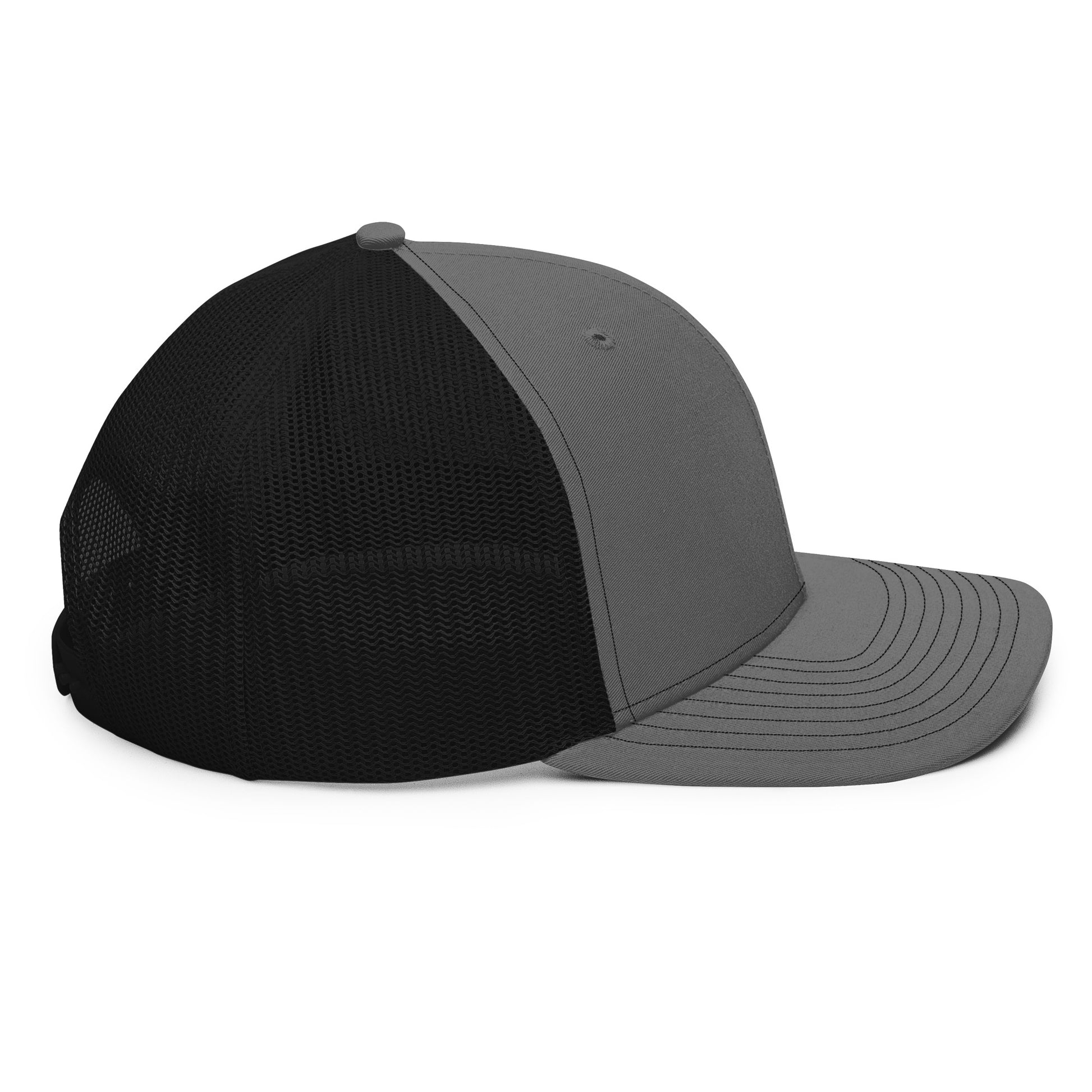 An Athlete Trains structured 6-panel, mid-profile trucker cap is 60% cotton, 40% polyester, 100% polyester mesh back. Pre-curved contrast stitched visor, underbill matches visor color and adjustable plastic snapback