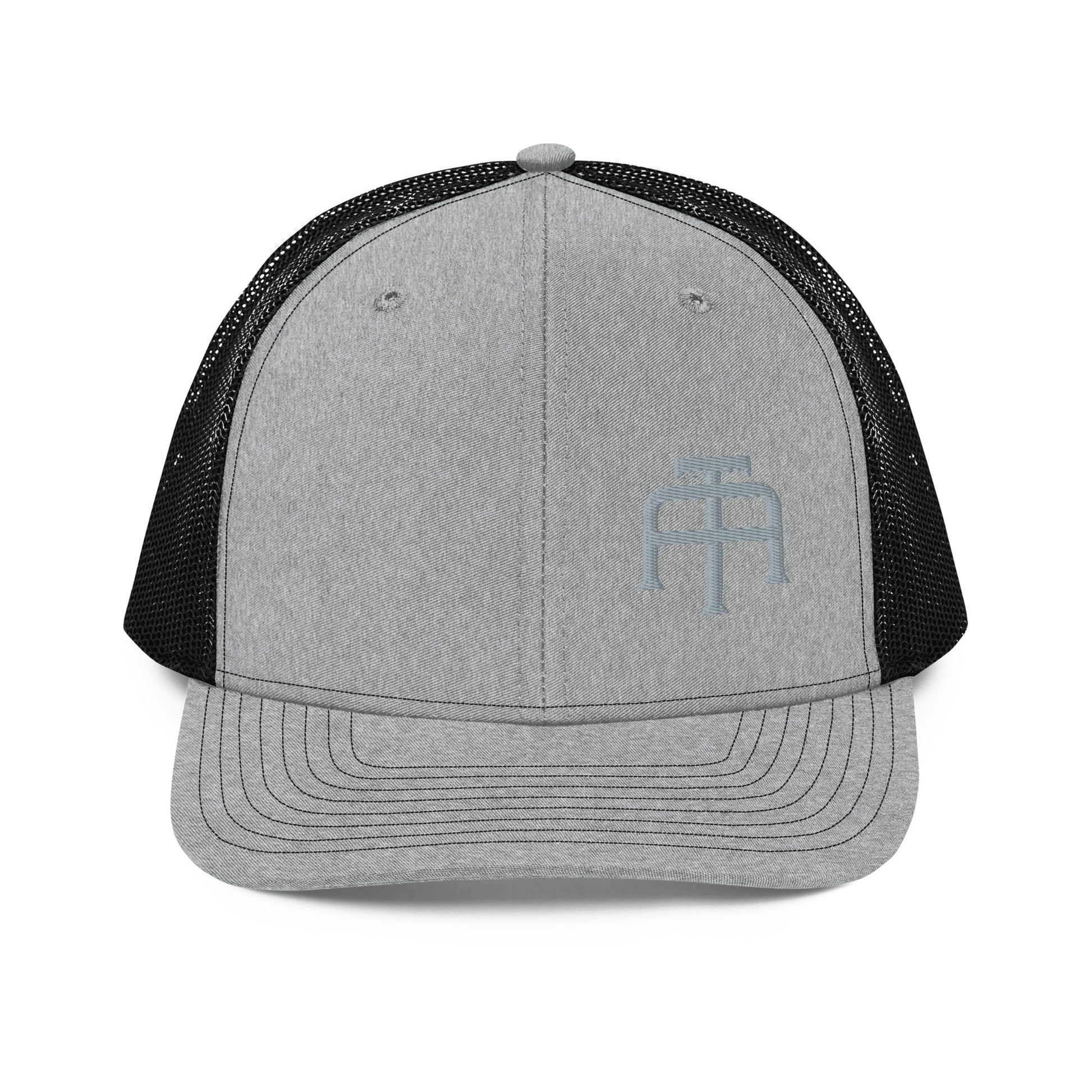 An Athlete Trains structured 6-panel, mid-profile trucker cap is 60% cotton, 40% polyester, 100% polyester mesh back. Pre-curved contrast stitched visor, underbill matches visor color and adjustable plastic snapback