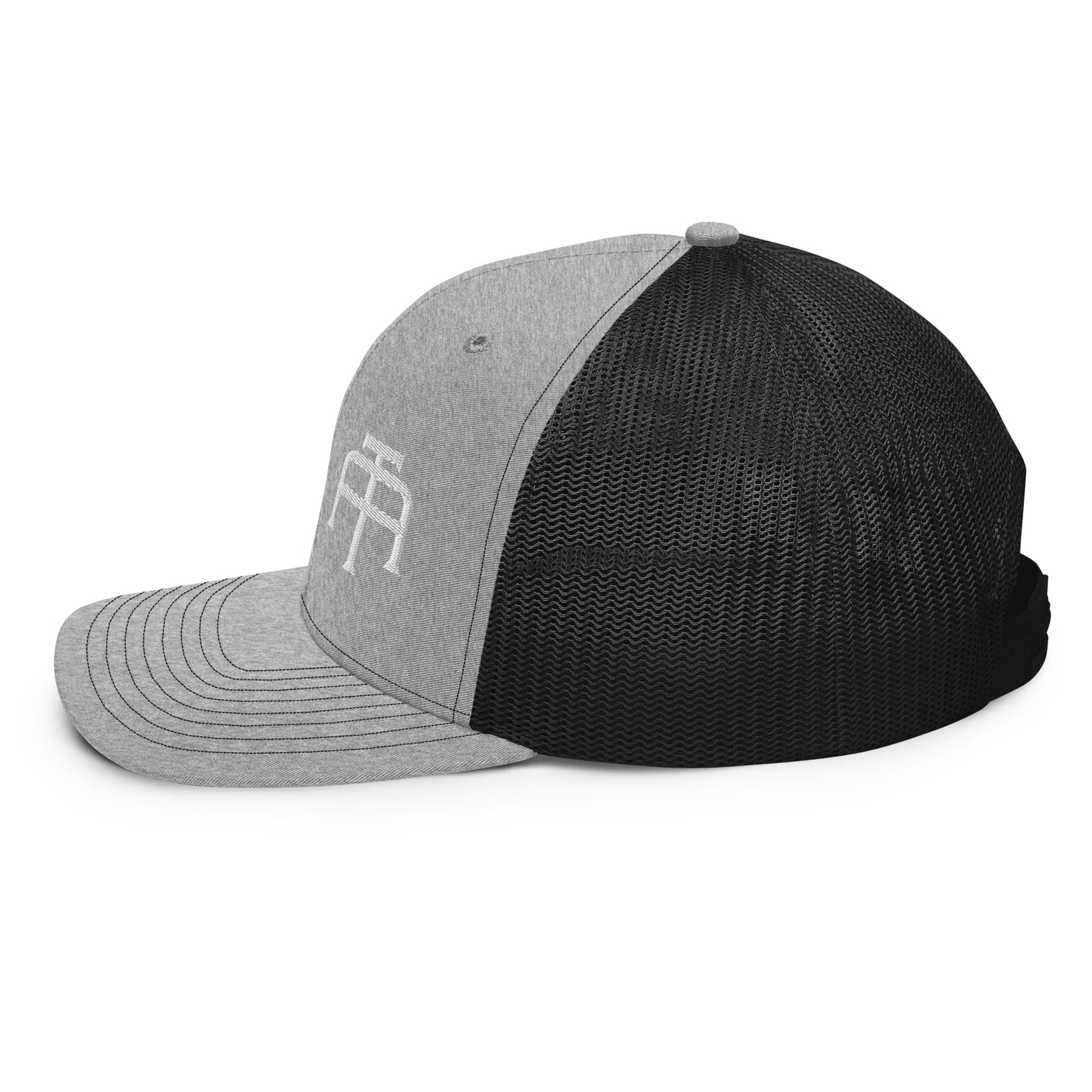 An Athlete Trains structured 6-panel, mid-profile trucker cap is 60% cotton, 40% polyester, 100% polyester mesh back. Pre-curved contrast stitched visor, underbill matches visor color and adjustable plastic snapback