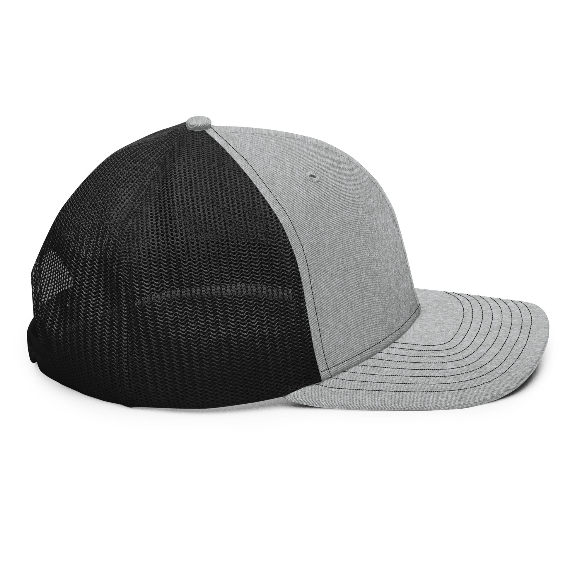 An Athlete Trains structured 6-panel, mid-profile trucker cap is 60% cotton, 40% polyester, 100% polyester mesh back. Pre-curved contrast stitched visor, underbill matches visor color and adjustable plastic snapback