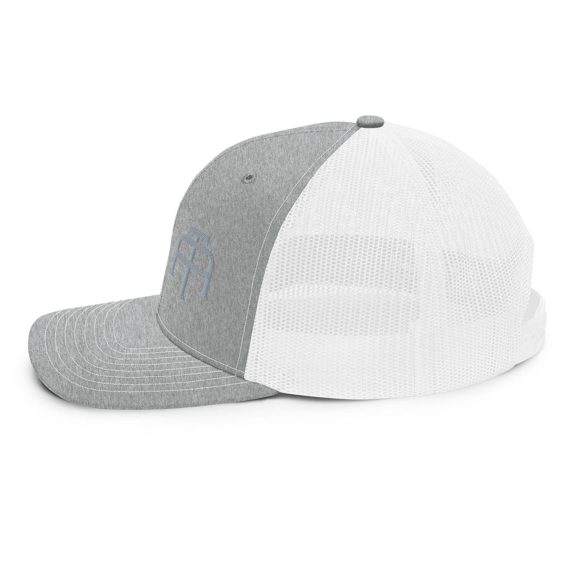 An Athlete Trains structured 6-panel, mid-profile trucker cap is 60% cotton, 40% polyester, 100% polyester mesh back. Pre-curved contrast stitched visor, underbill matches visor color and adjustable plastic snapback