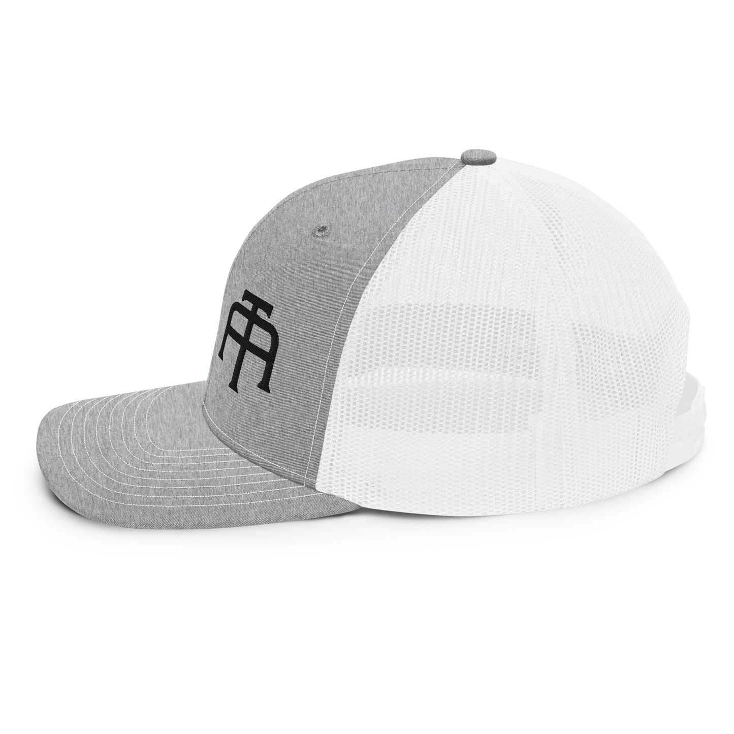 An Athlete Trains structured 6-panel, mid-profile trucker cap is 60% cotton, 40% polyester, 100% polyester mesh back. Pre-curved contrast stitched visor, underbill matches visor color and adjustable plastic snapback