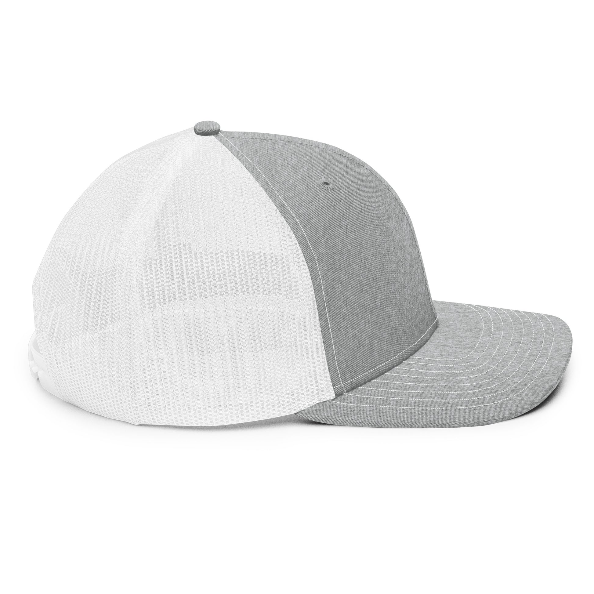 An Athlete Trains structured 6-panel, mid-profile trucker cap is 60% cotton, 40% polyester, 100% polyester mesh back. Pre-curved contrast stitched visor, underbill matches visor color and adjustable plastic snapback