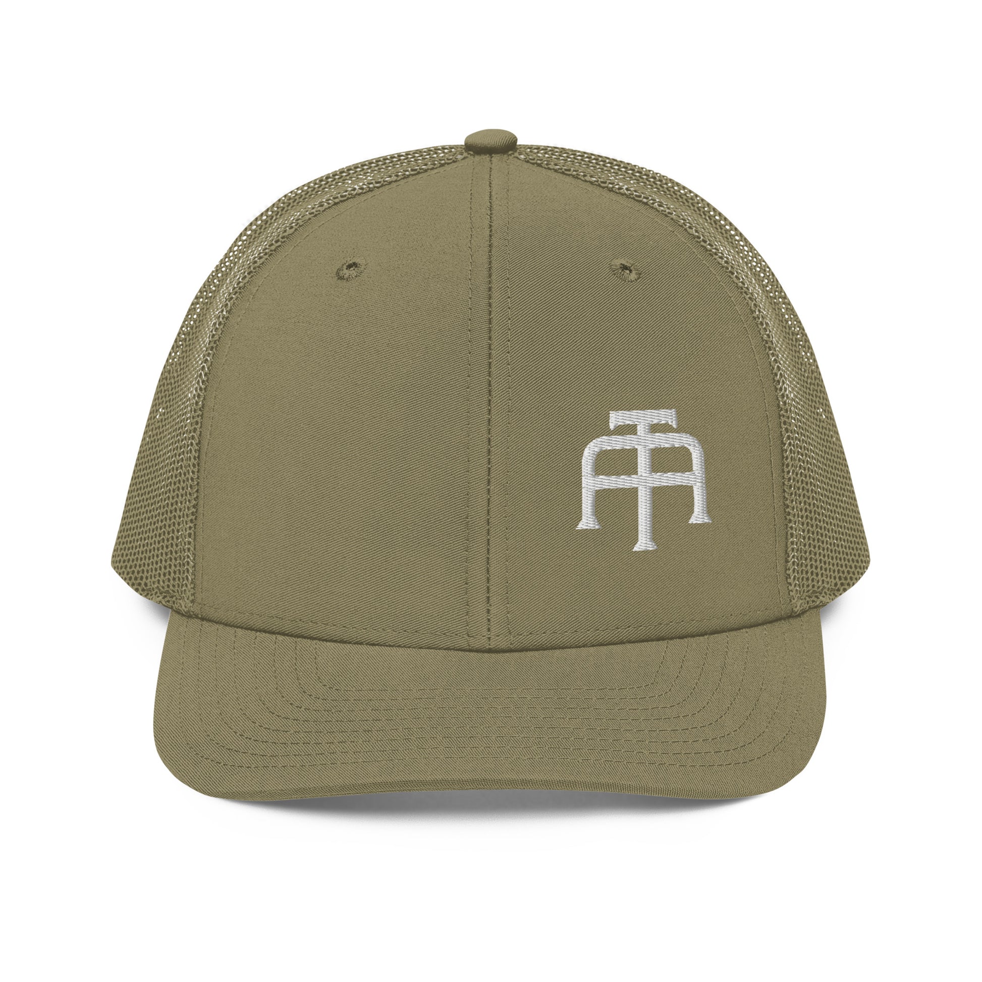 An Athlete Trains structured 6-panel, mid-profile trucker cap is 60% cotton, 40% polyester, 100% polyester mesh back. Pre-curved contrast stitched visor, underbill matches visor color and adjustable plastic snapback