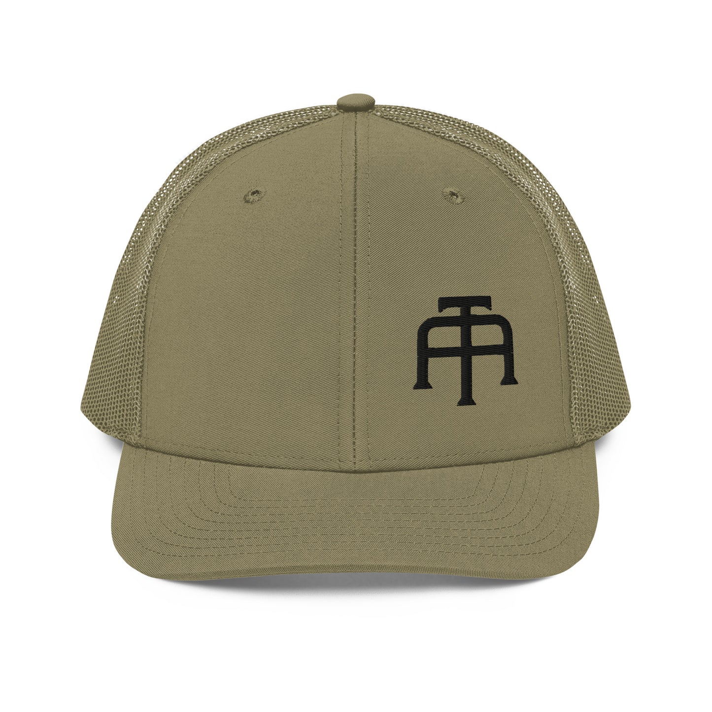 An Athlete Trains structured 6-panel, mid-profile trucker cap is 60% cotton, 40% polyester, 100% polyester mesh back. Pre-curved contrast stitched visor, underbill matches visor color and adjustable plastic snapback