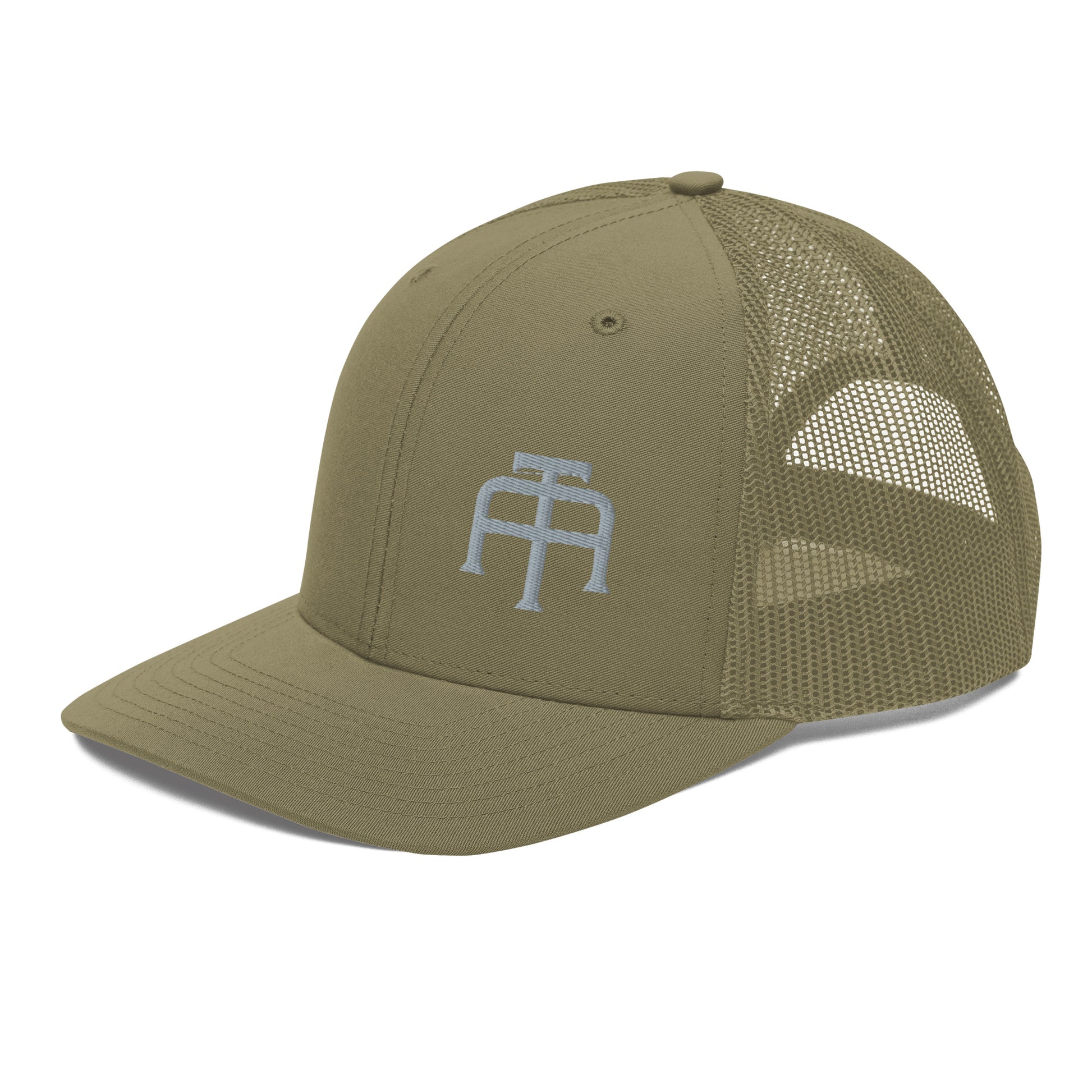 An Athlete Trains structured 6-panel, mid-profile trucker cap is 60% cotton, 40% polyester, 100% polyester mesh back. Pre-curved contrast stitched visor, underbill matches visor color and adjustable plastic snapback