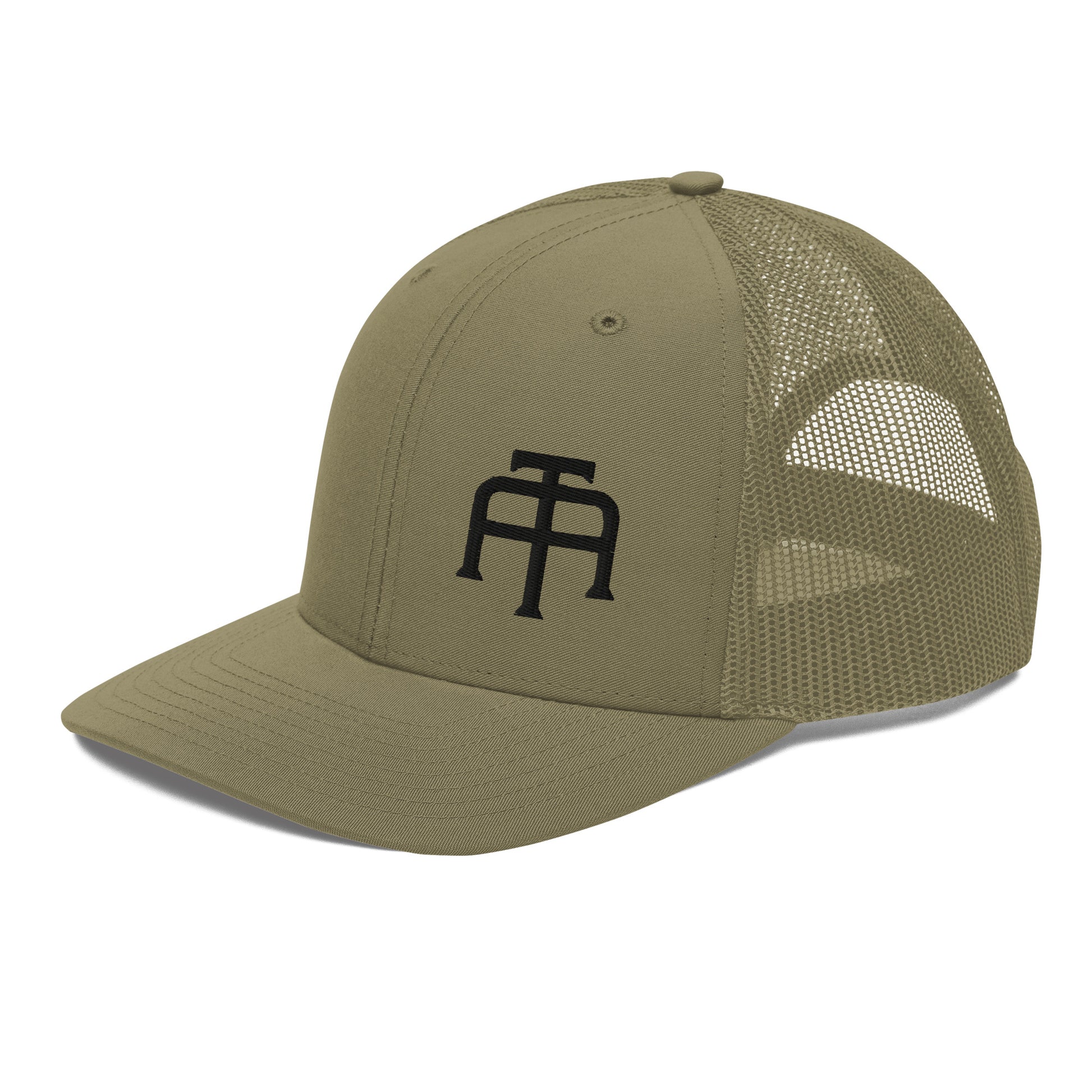 An Athlete Trains structured 6-panel, mid-profile trucker cap is 60% cotton, 40% polyester, 100% polyester mesh back. Pre-curved contrast stitched visor, underbill matches visor color and adjustable plastic snapback