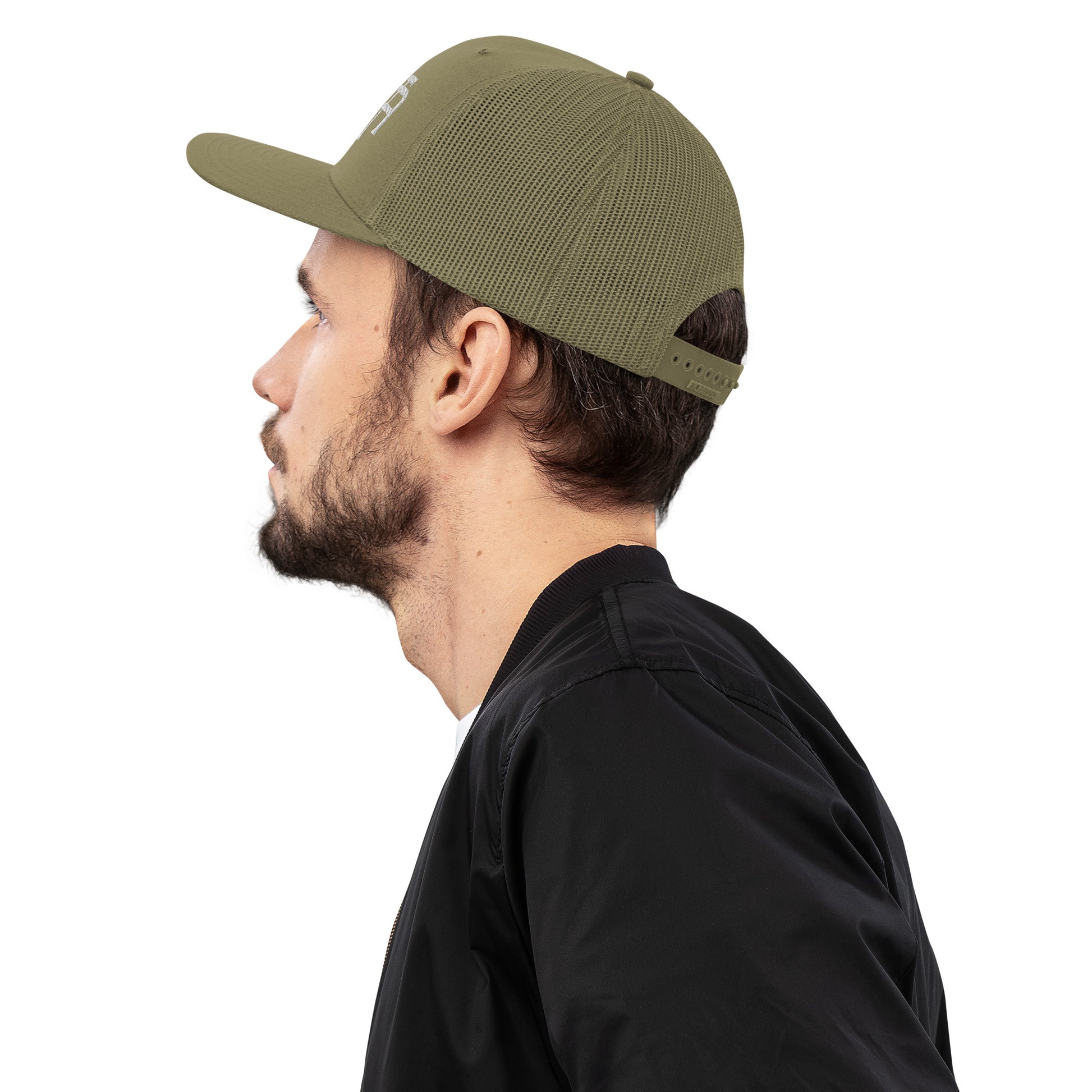 An Athlete Trains structured 6-panel, mid-profile trucker cap is 60% cotton, 40% polyester, 100% polyester mesh back. Pre-curved contrast stitched visor, underbill matches visor color and adjustable plastic snapback