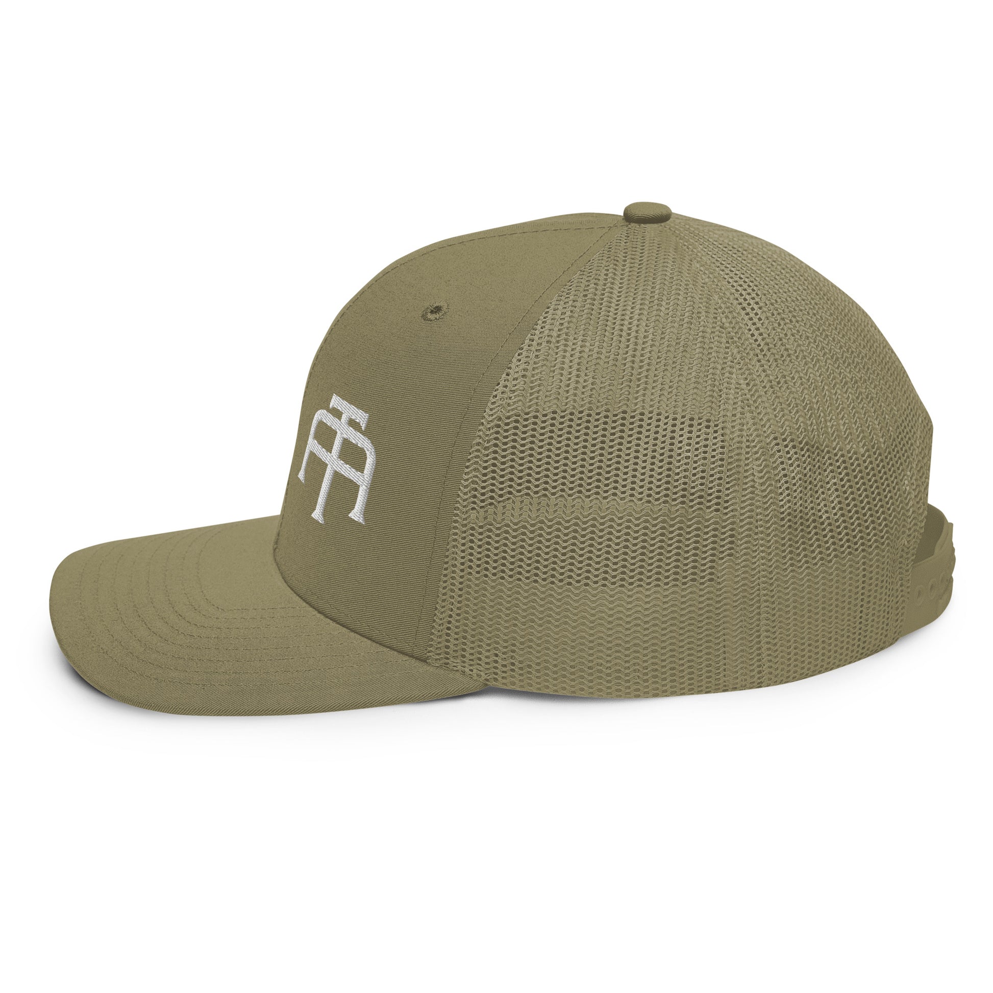 An Athlete Trains structured 6-panel, mid-profile trucker cap is 60% cotton, 40% polyester, 100% polyester mesh back. Pre-curved contrast stitched visor, underbill matches visor color and adjustable plastic snapback