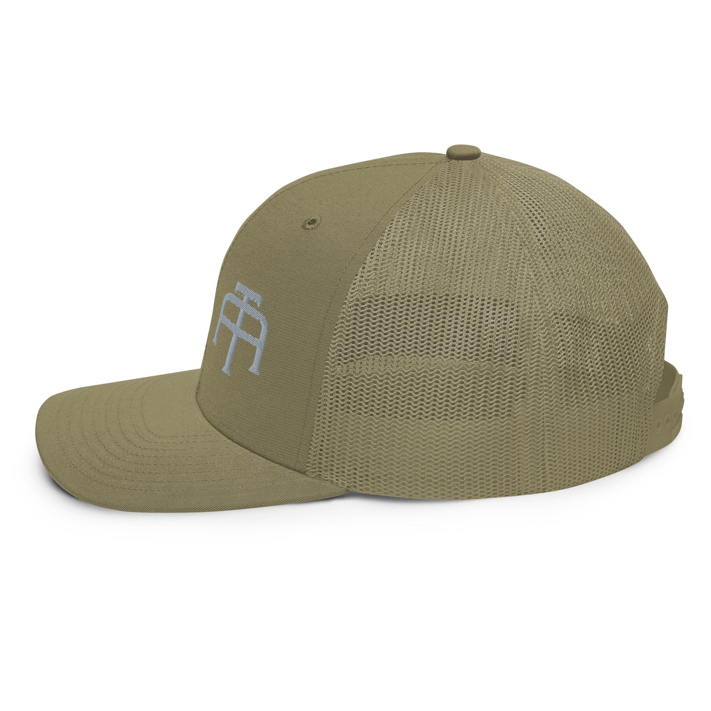 An Athlete Trains structured 6-panel, mid-profile trucker cap is 60% cotton, 40% polyester, 100% polyester mesh back. Pre-curved contrast stitched visor, underbill matches visor color and adjustable plastic snapback