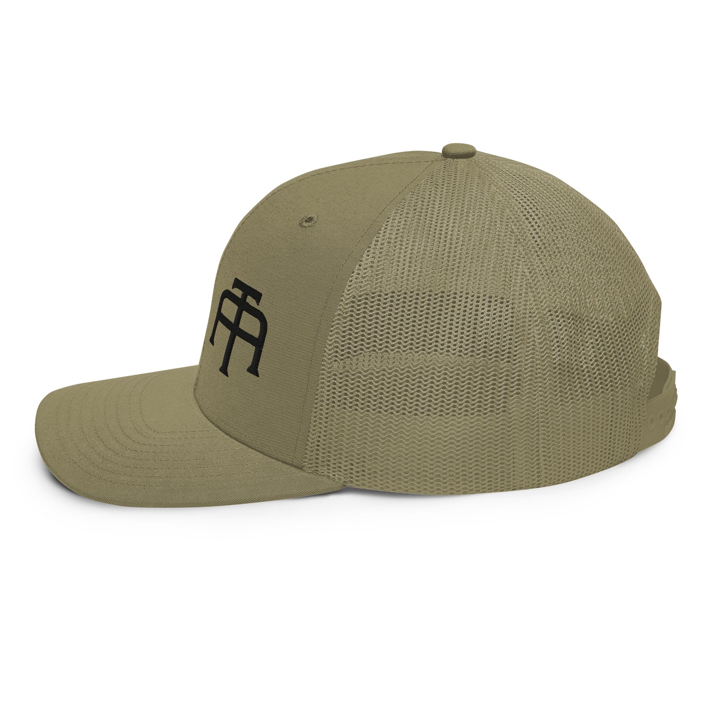 An Athlete Trains structured 6-panel, mid-profile trucker cap is 60% cotton, 40% polyester, 100% polyester mesh back. Pre-curved contrast stitched visor, underbill matches visor color and adjustable plastic snapback