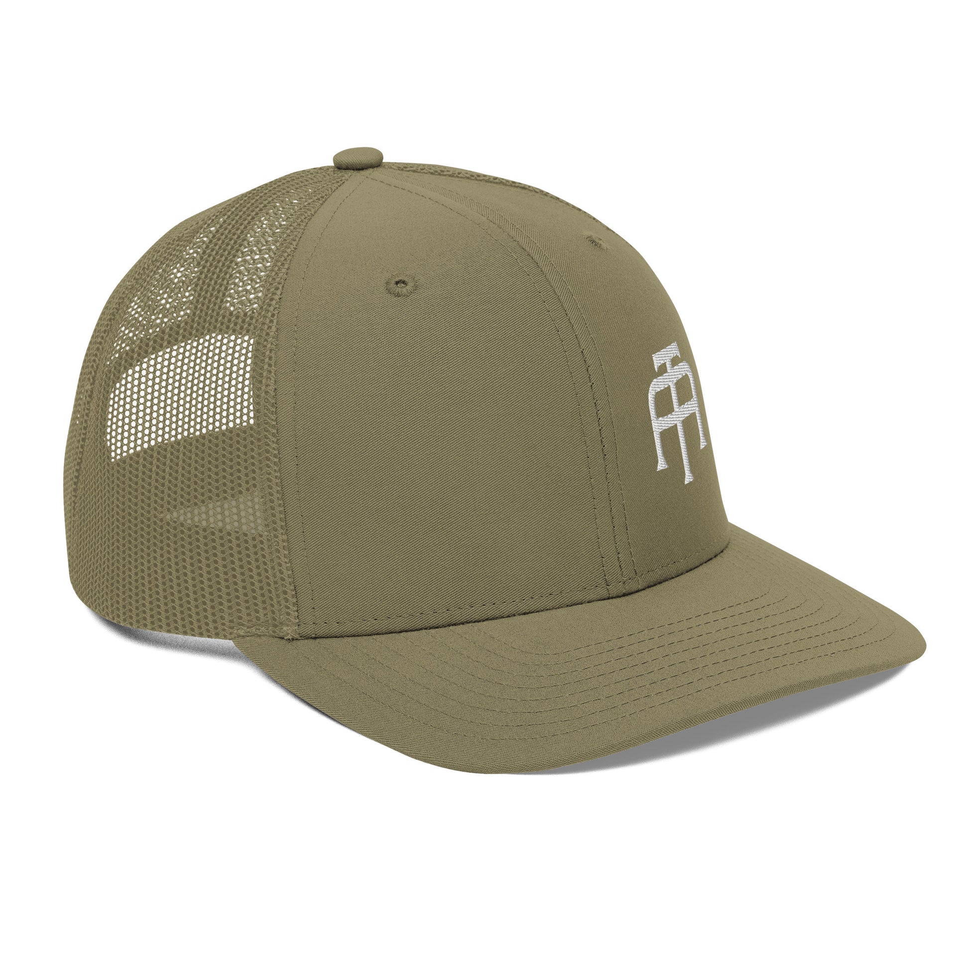 An Athlete Trains structured 6-panel, mid-profile trucker cap is 60% cotton, 40% polyester, 100% polyester mesh back. Pre-curved contrast stitched visor, underbill matches visor color and adjustable plastic snapback