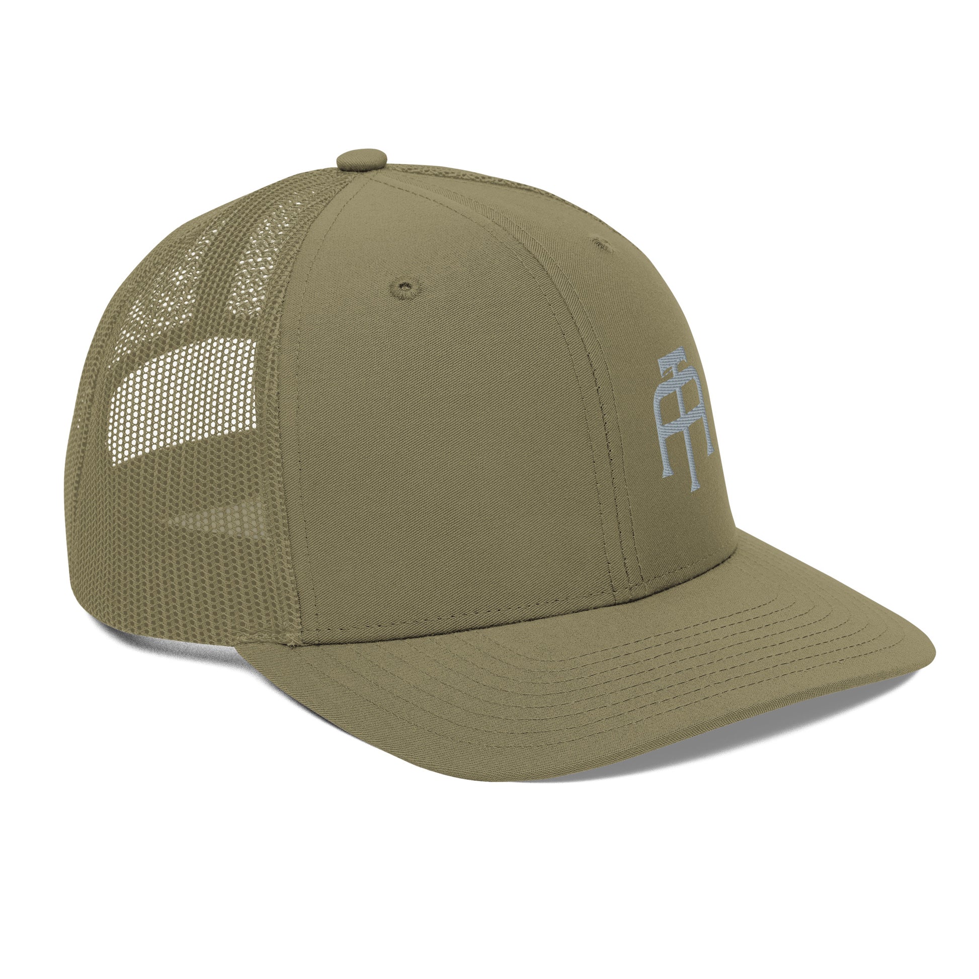 An Athlete Trains structured 6-panel, mid-profile trucker cap is 60% cotton, 40% polyester, 100% polyester mesh back. Pre-curved contrast stitched visor, underbill matches visor color and adjustable plastic snapback