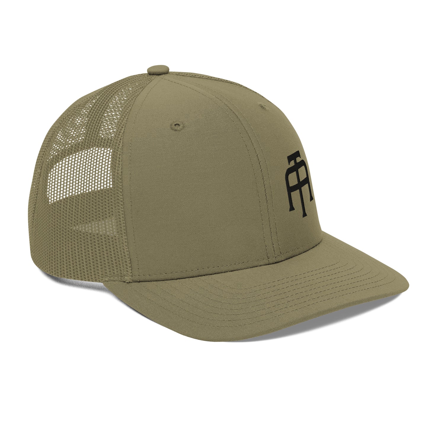 An Athlete Trains structured 6-panel, mid-profile trucker cap is 60% cotton, 40% polyester, 100% polyester mesh back. Pre-curved contrast stitched visor, underbill matches visor color and adjustable plastic snapback