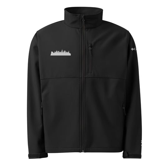 New York Edition Columbia soft shell jacket in black with embroidered NYC skyline silhouette—high-performance outerwear for New York athletes