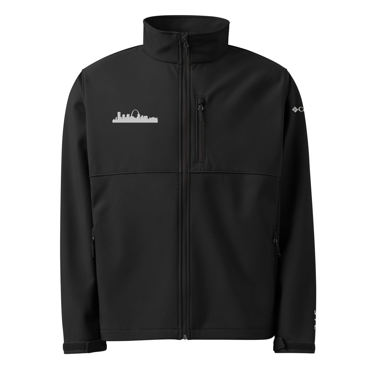 St. Louis Edition Columbia soft shell jacket in black with embroidered STL skyline silhouette—premium outerwear for St. Louis athletes