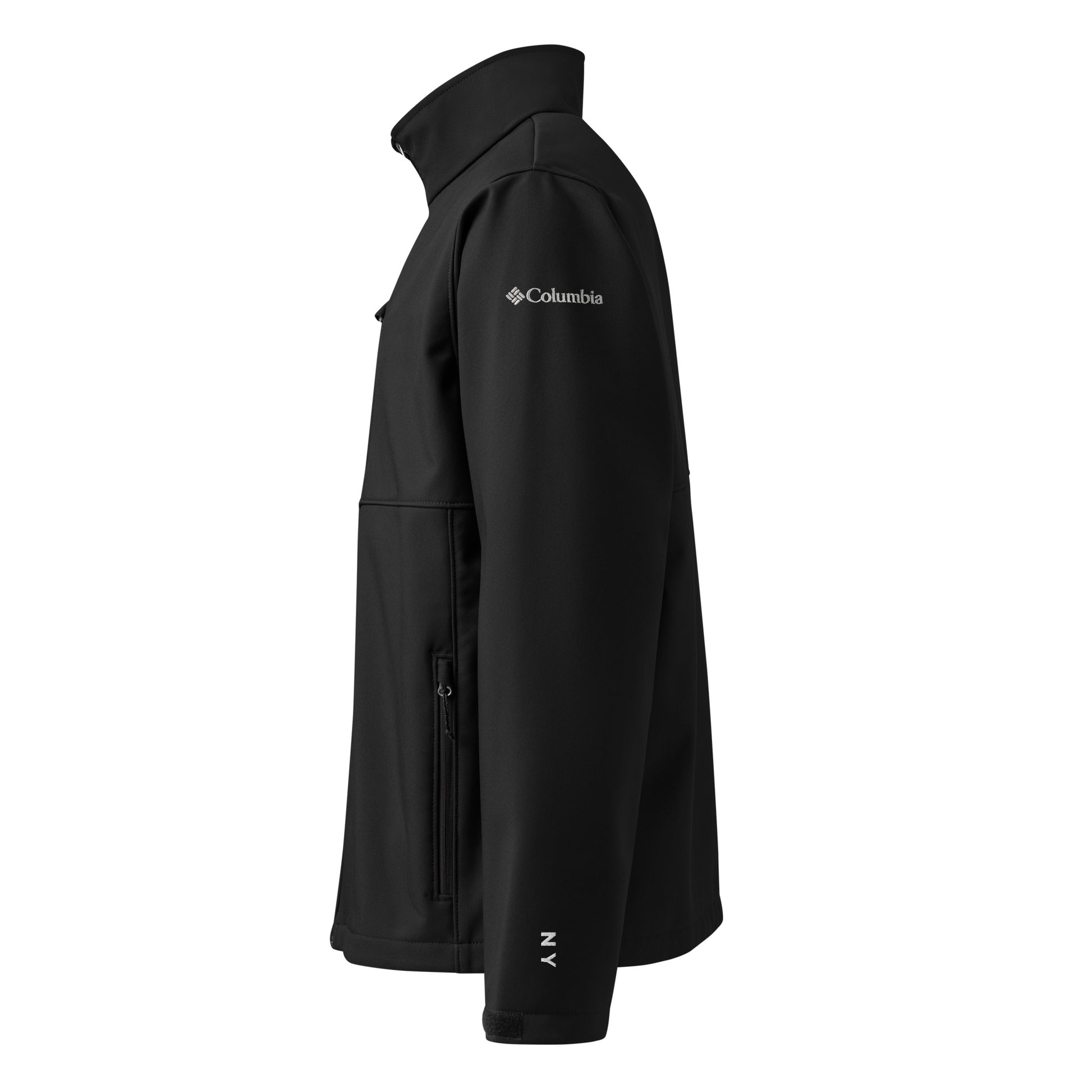 New York Edition Columbia soft shell jacket in black with embroidered NYC skyline silhouette—high-performance outerwear for New York athletes