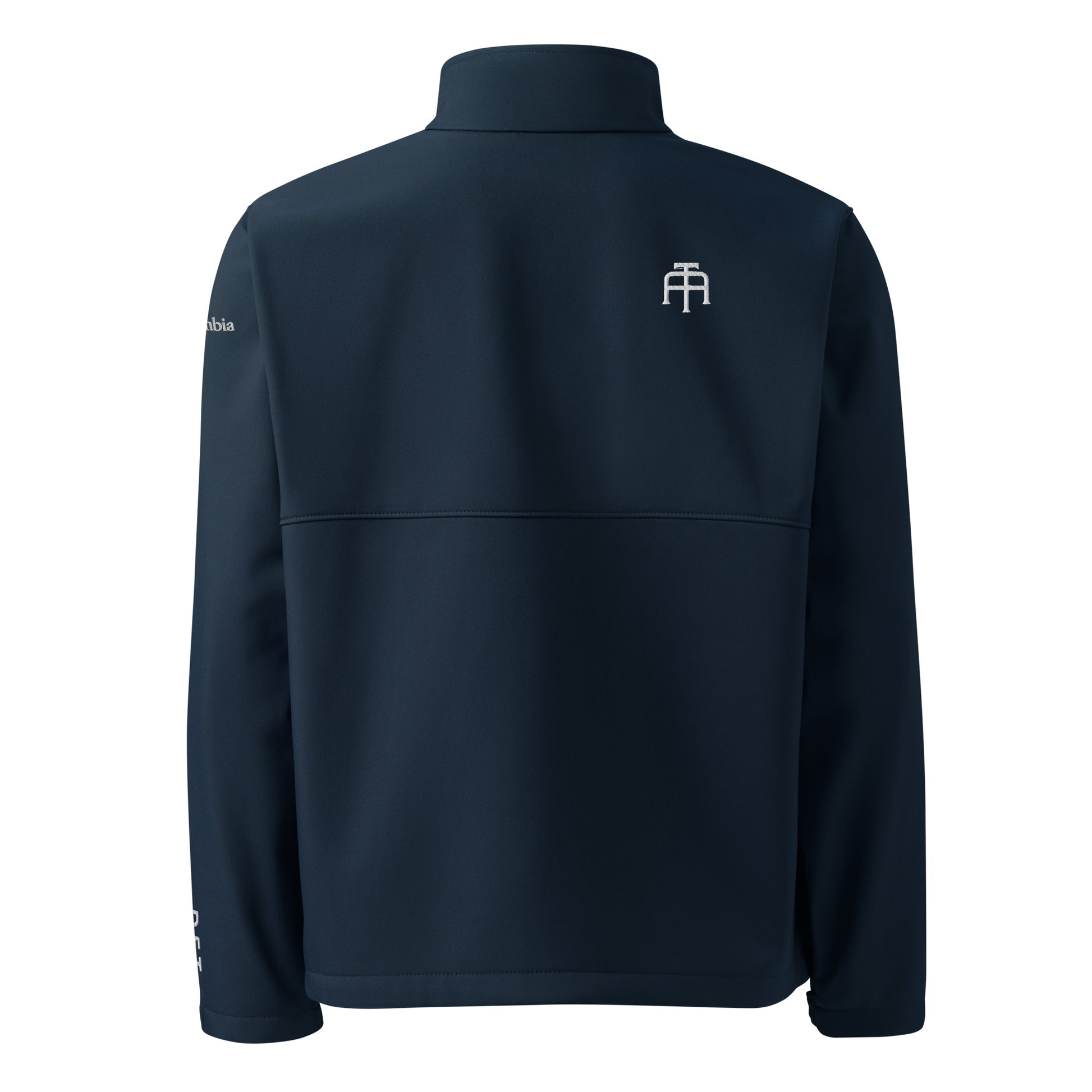 Detroit Edition Columbia soft shell jacket in navy with embroidered Detroit skyline silhouette—premium outerwear for Motor City athletes