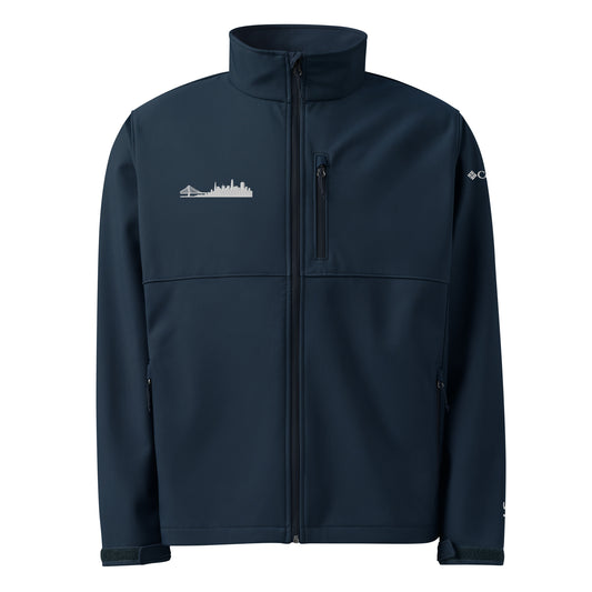 San Francisco Edition Columbia soft shell jacket in navy with embroidered SF skyline silhouette—technical outerwear for Bay Area athletes